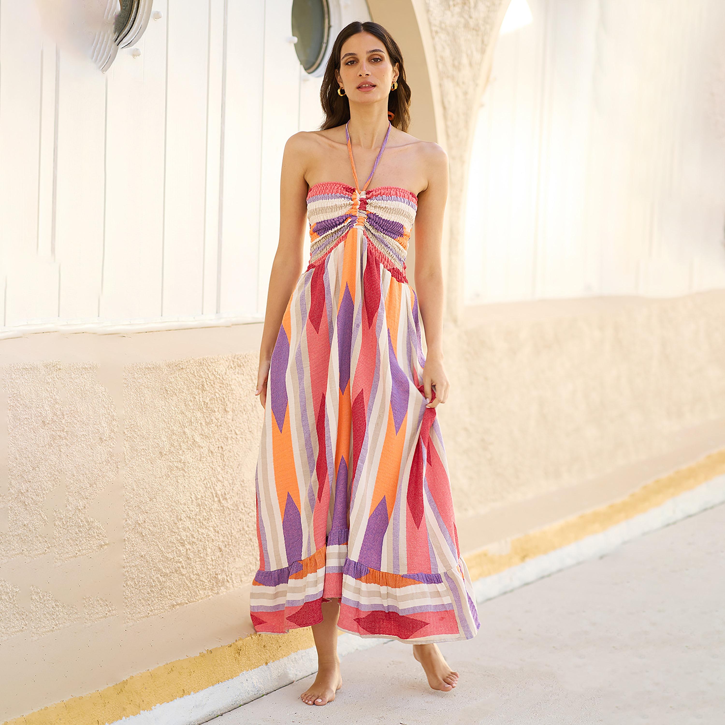 Yumi Multicolour Geometric Print Cotton Halter Neck Fit & Flared Women's Maxi Dress-women-clothing-dresses-image-1