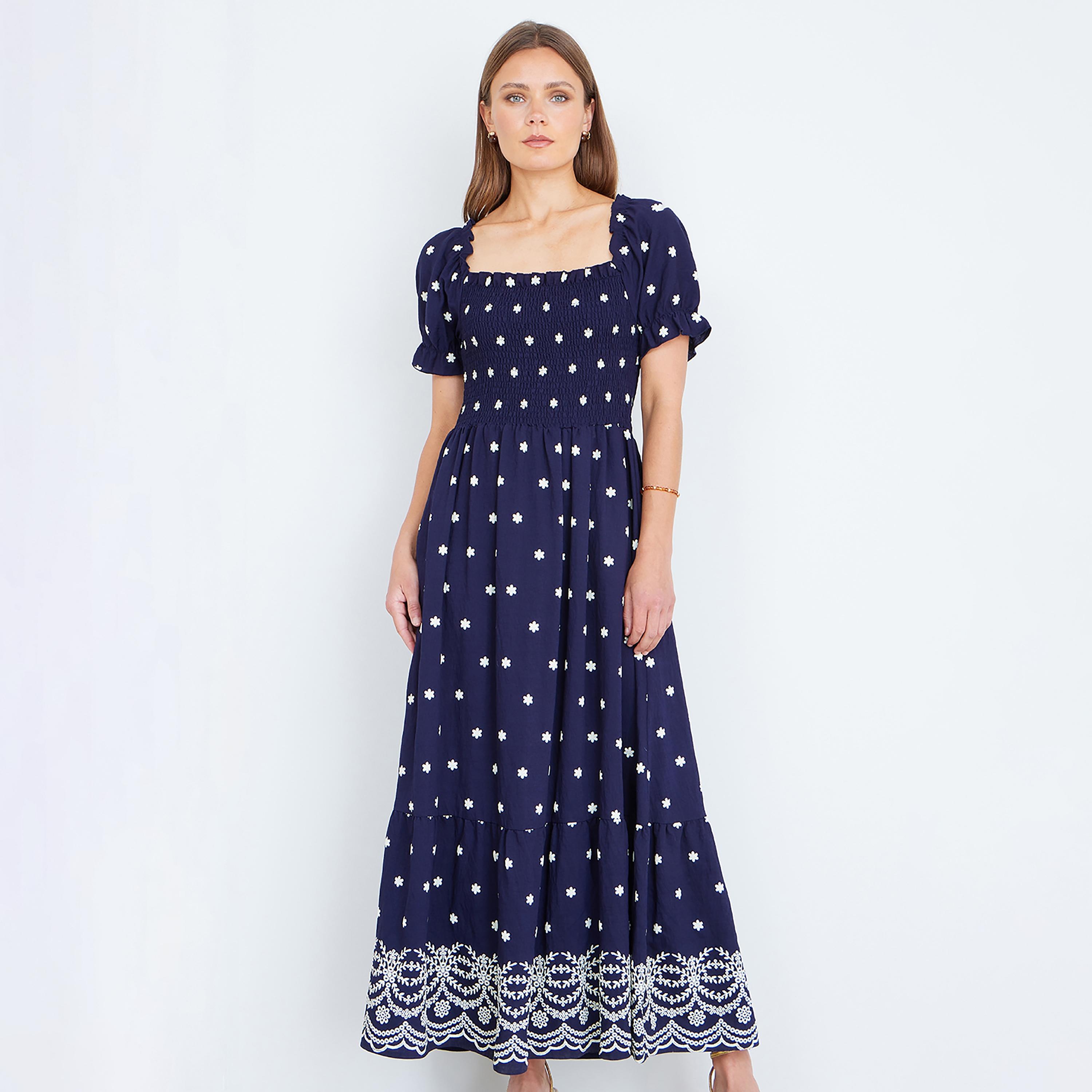 Yumi Navy Smocked Floral Print Square Neck Puff Sleeves Fit & Flared Women's Maxi Dress-women-clothing-dresses-image-1