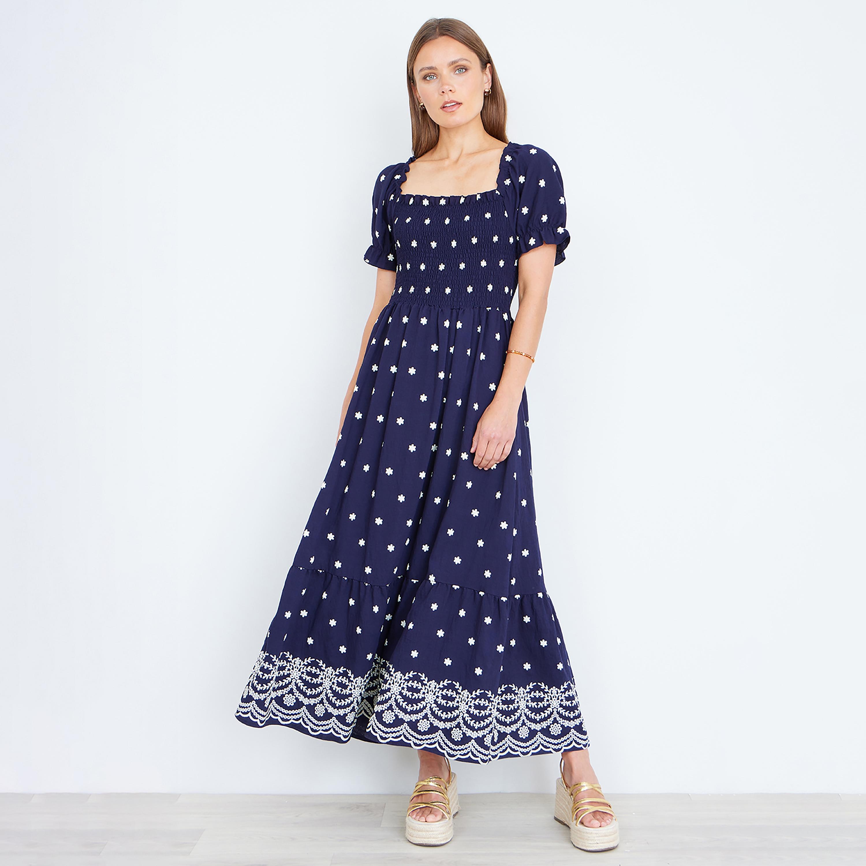 Yumi Navy Smocked Floral Print Square Neck Puff Sleeves Fit & Flared Women's Maxi Dress-women-clothing-dresses-image-2