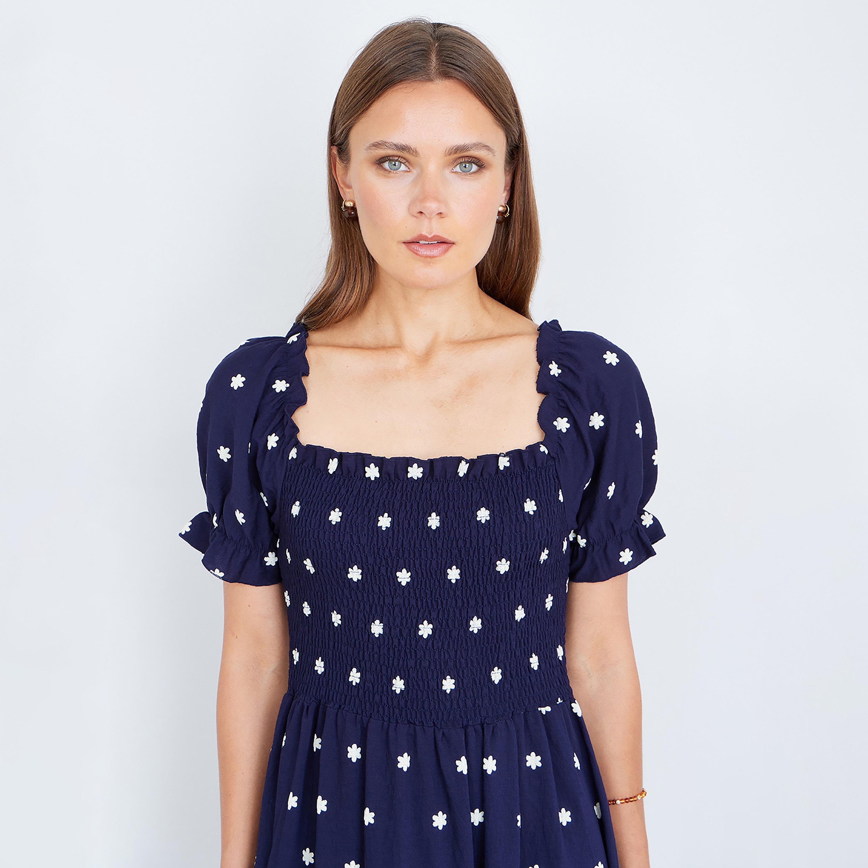 Yumi Navy Smocked Floral Print Square Neck Puff Sleeves Fit & Flared Women's Maxi Dress-women-clothing-dresses-image-3