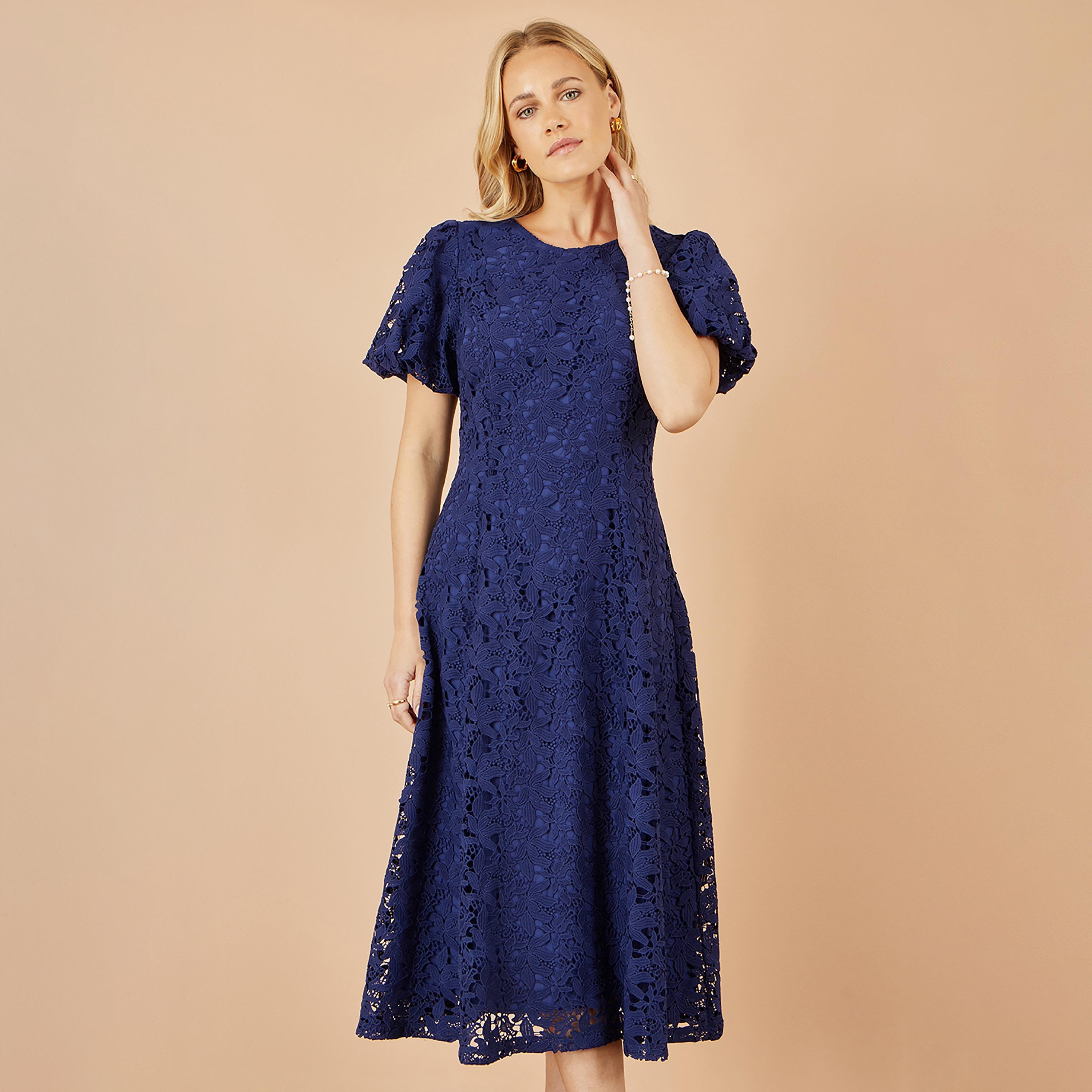 فستان ميدي سهرة بأكمام "باف" منفوخة وقماش دانتيل بالكامل بنقشة الزهور من يومي-women-clothing-dresses-image-6