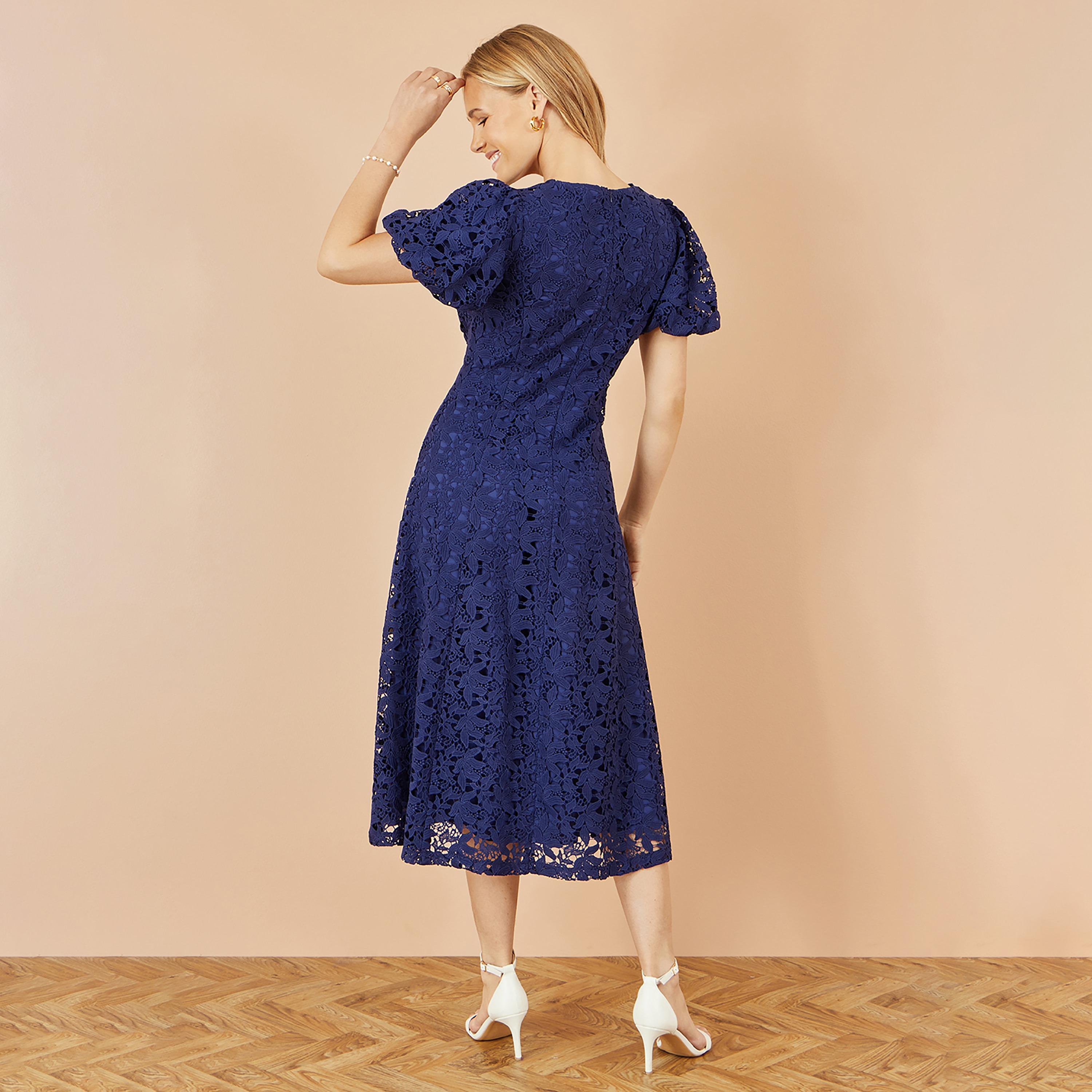 فستان ميدي سهرة بأكمام "باف" منفوخة وقماش دانتيل بالكامل بنقشة الزهور من يومي-women-clothing-dresses-image-7
