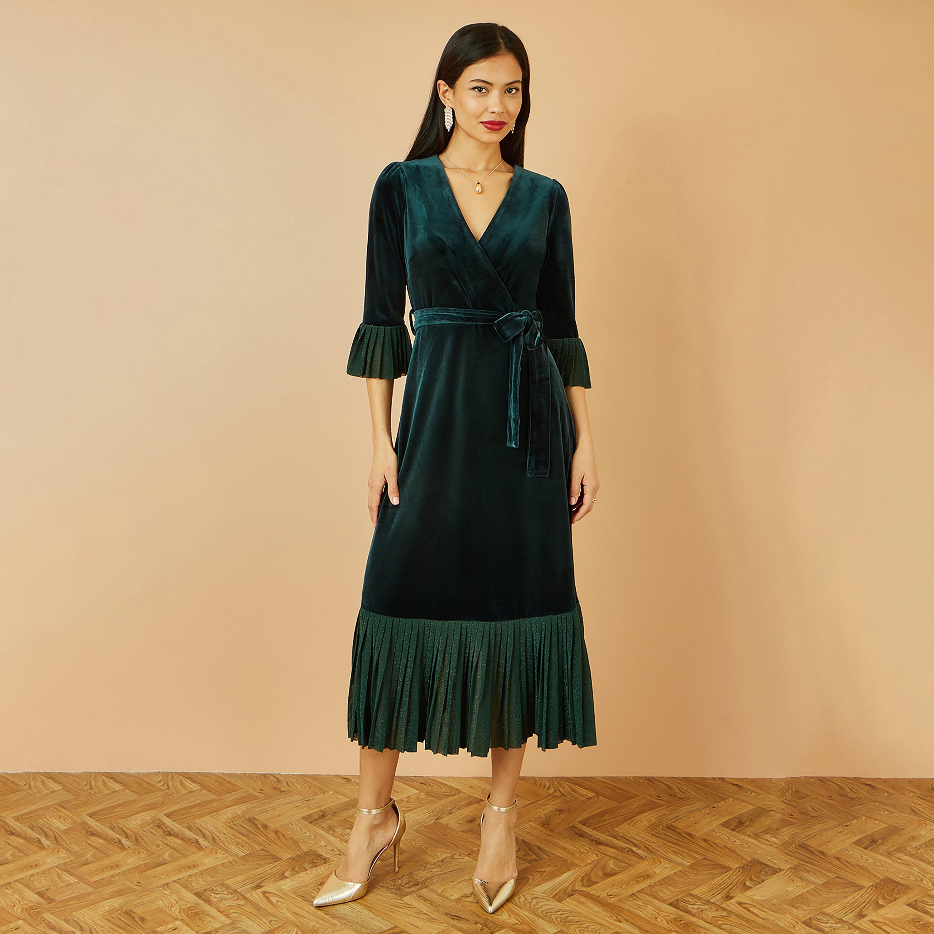 فستان ميدي سهرة مخمل بتصميم "لف" وكسرات وأكمام "بيل" جرس لون تييل من يومي-women-clothing-dresses-image-1