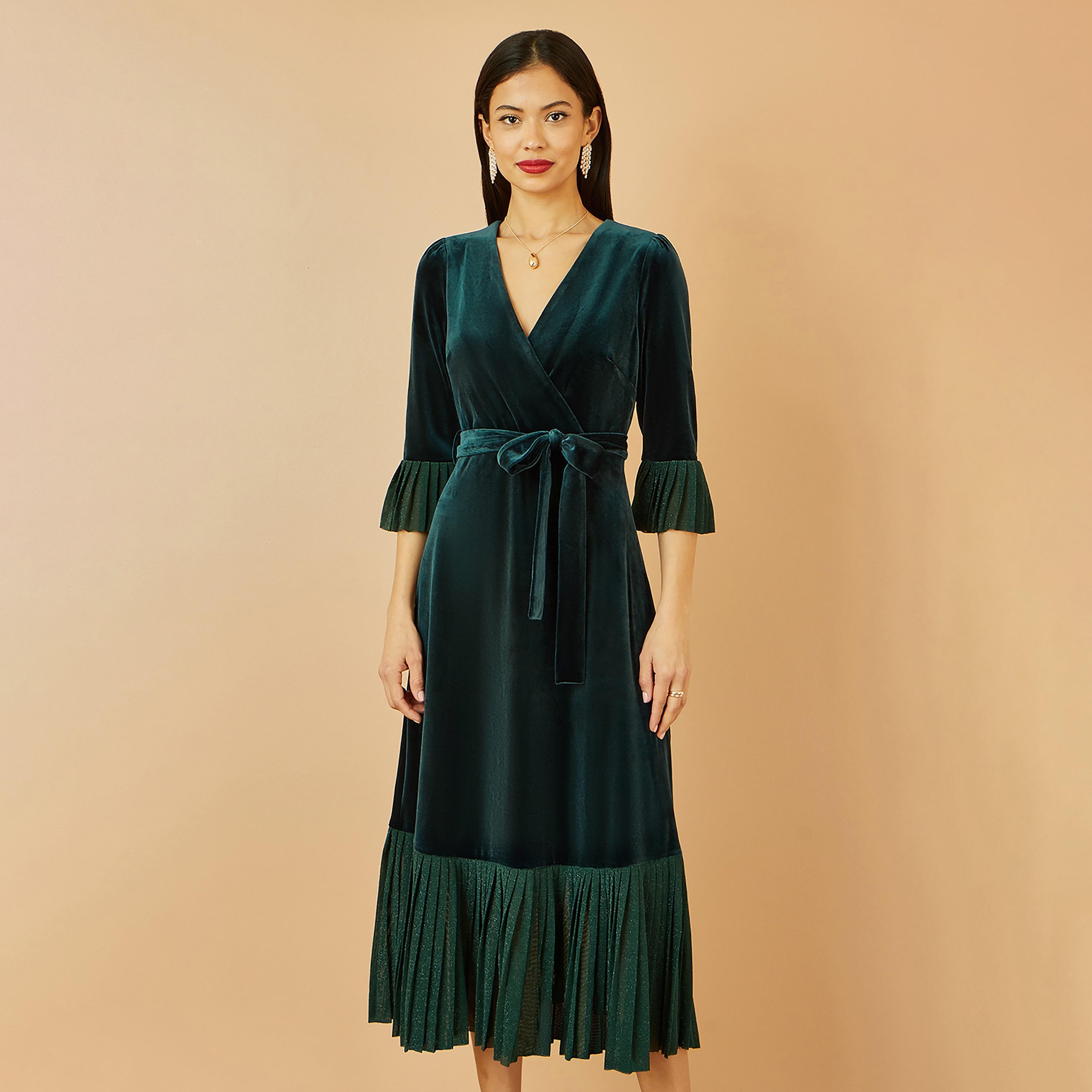 فستان ميدي سهرة مخمل بتصميم "لف" وكسرات وأكمام "بيل" جرس لون تييل من يومي-women-clothing-dresses-image-2