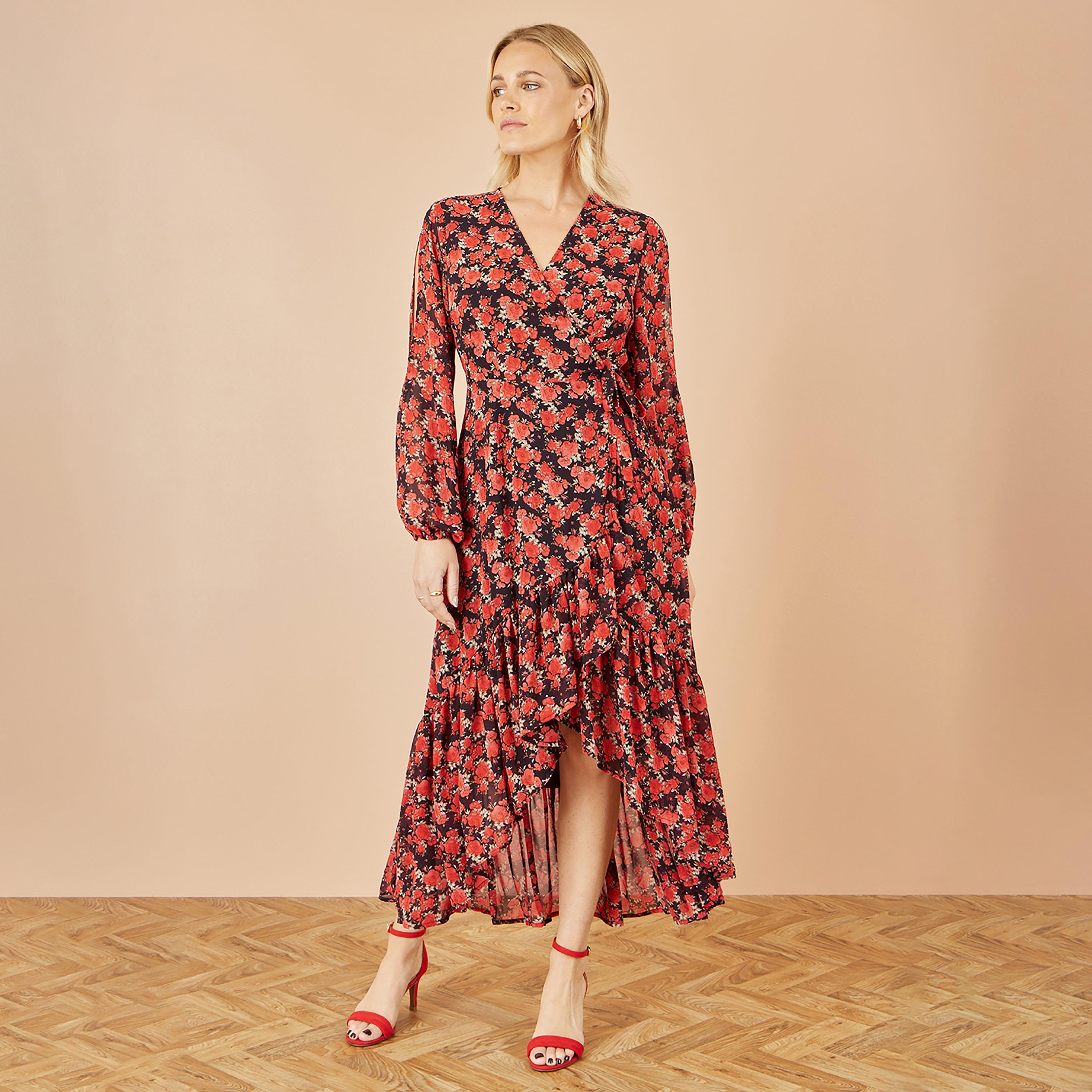 Yumi Red Rose Print Surplice Neck Slit Sleeves Wrap Women's High-Low Dress-women-clothing-dresses-image-1
