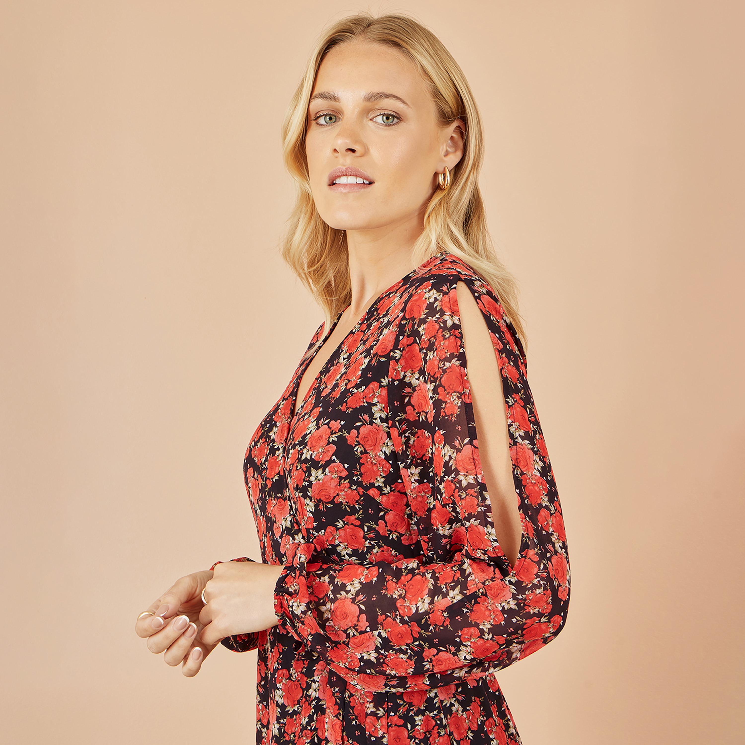 Yumi Red Rose Print Surplice Neck Slit Sleeves Wrap Women's High-Low Dress-women-clothing-dresses-image-3