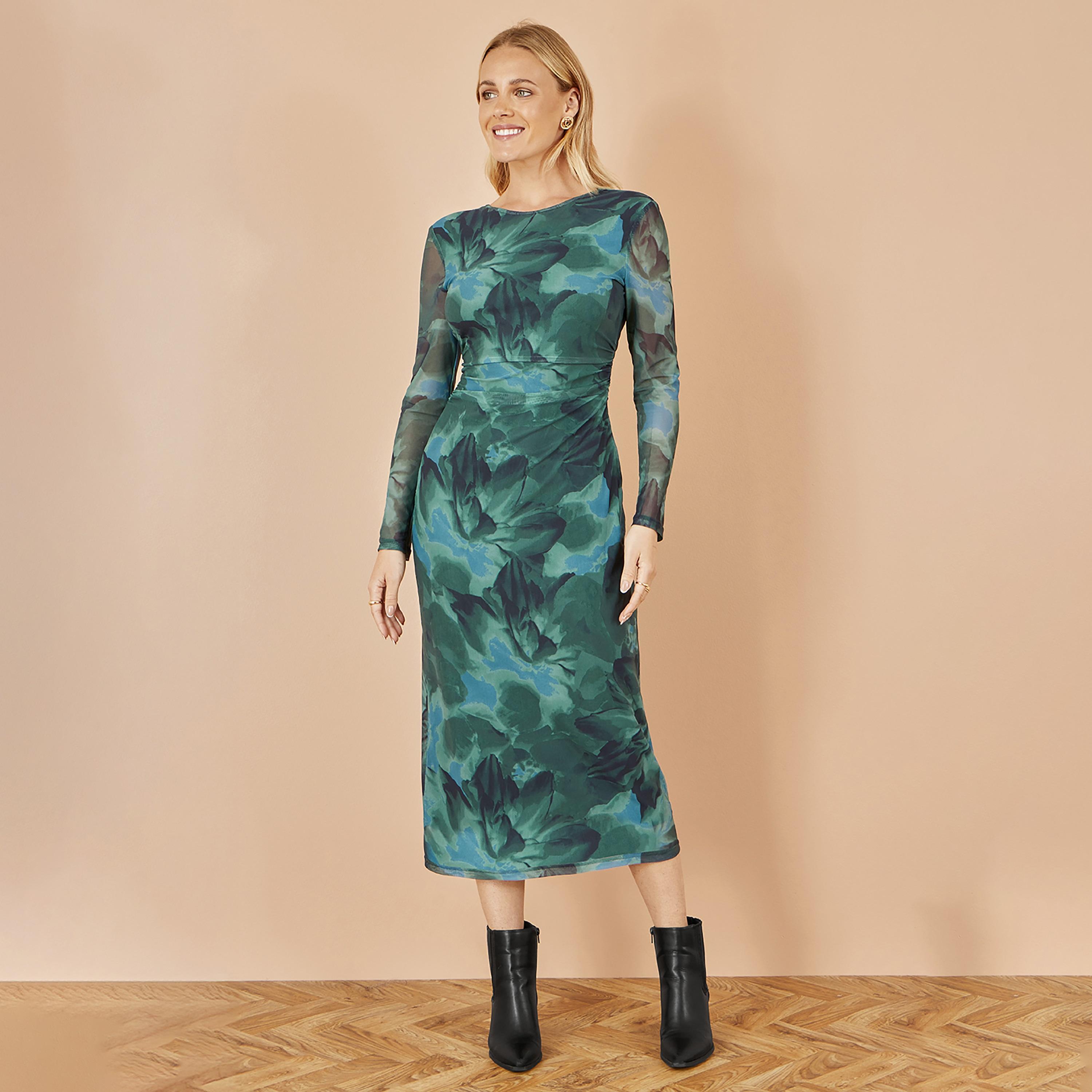 فستان ميدي نسائي بقصة مستقيمة (Column) بزخارف زهور خضراء من يومي-women-clothing-dresses-image-1