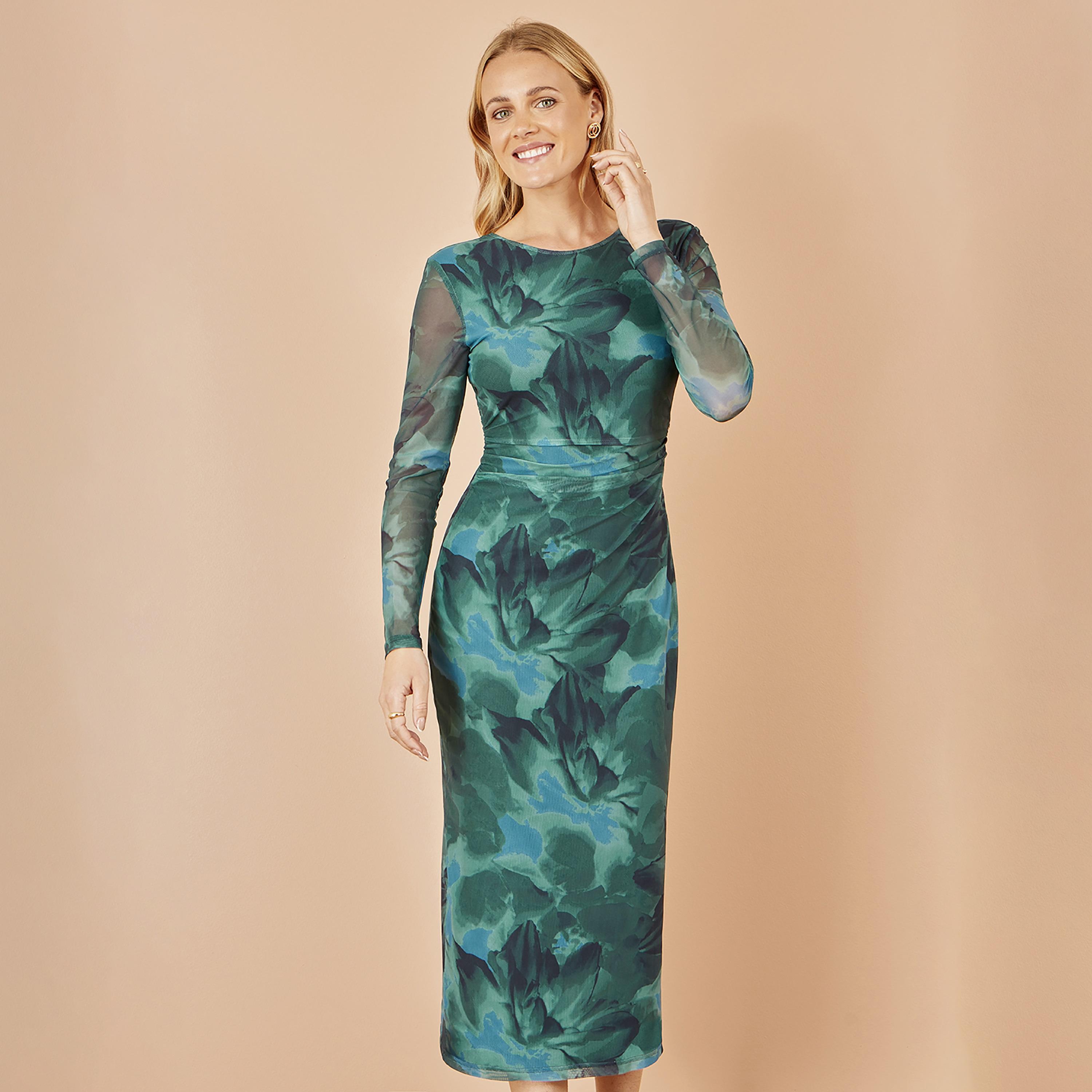 فستان ميدي نسائي بقصة مستقيمة (Column) بزخارف زهور خضراء من يومي-women-clothing-dresses-image-2