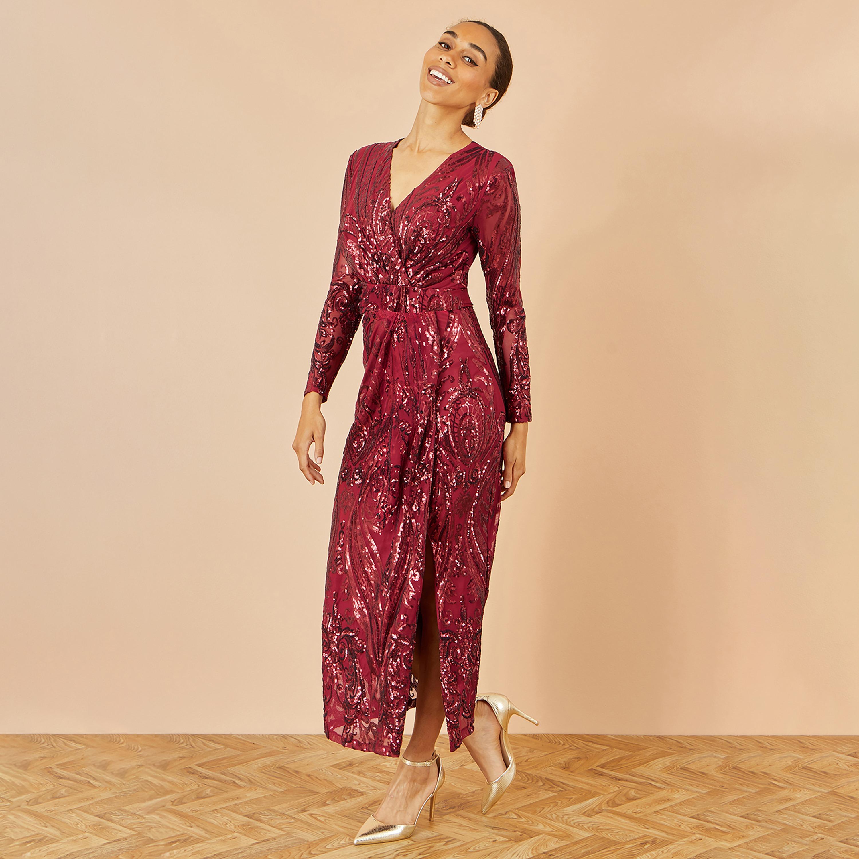 فستان ميدي سهرة بتصميم "لف" وفتحة رقبة "سوربليس" ومزين بالترتر من يومي-women-clothing-dresses-image-1