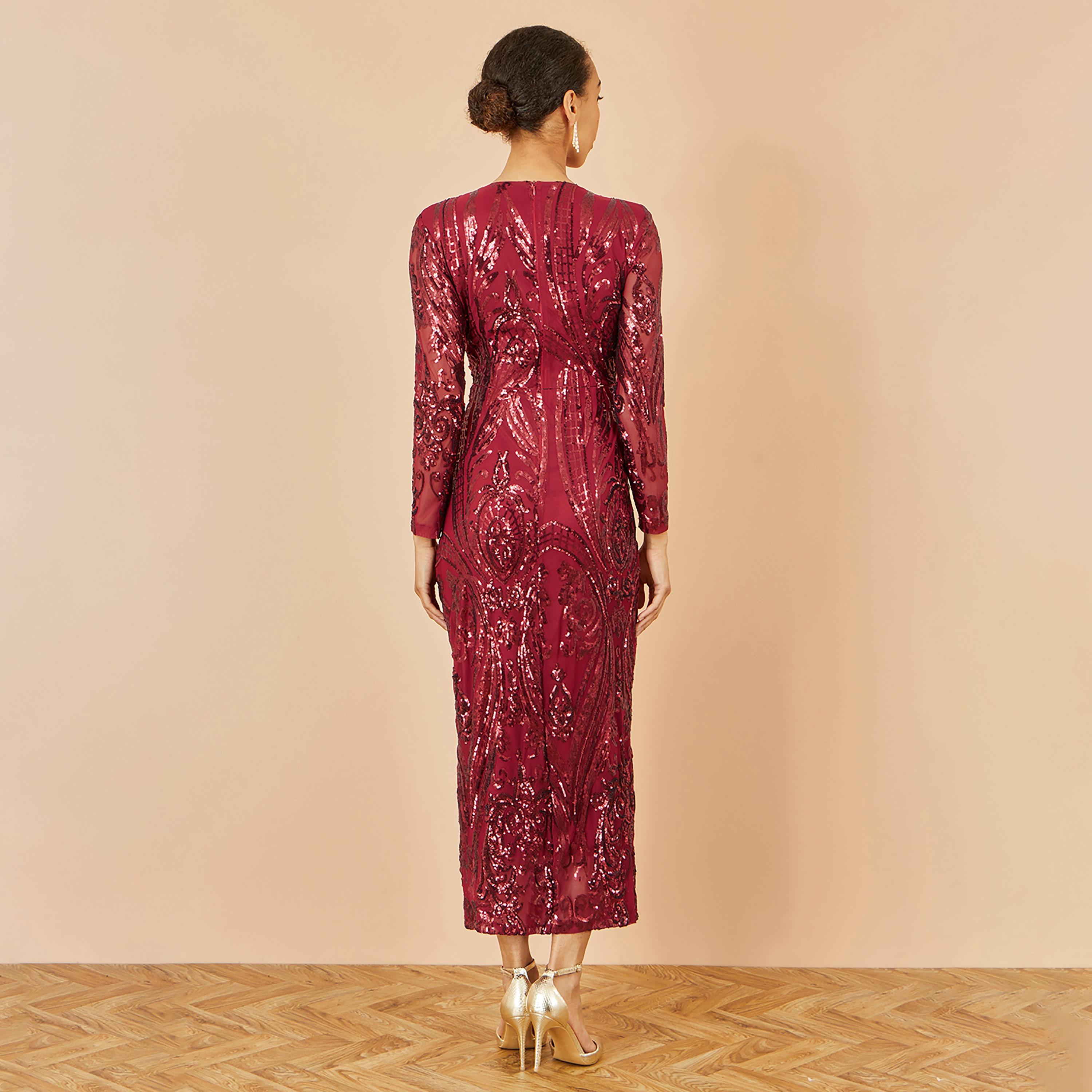 فستان ميدي سهرة بتصميم "لف" وفتحة رقبة "سوربليس" ومزين بالترتر من يومي-women-clothing-dresses-image-3