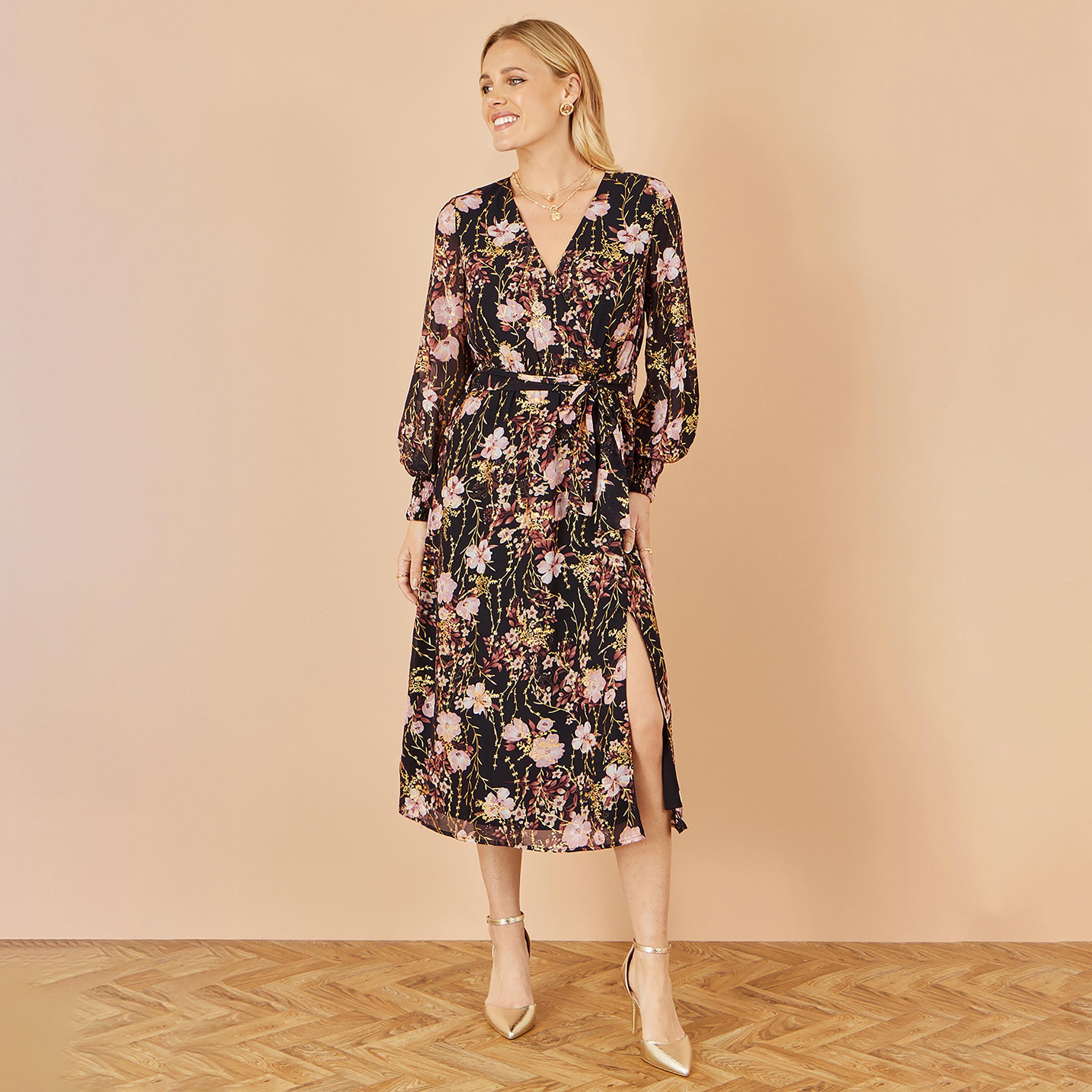 Yumi Black Floral Print Surplice Neck Bishop Sleeves Wrap Women's Midi Dress-women-clothing-dresses-image-1