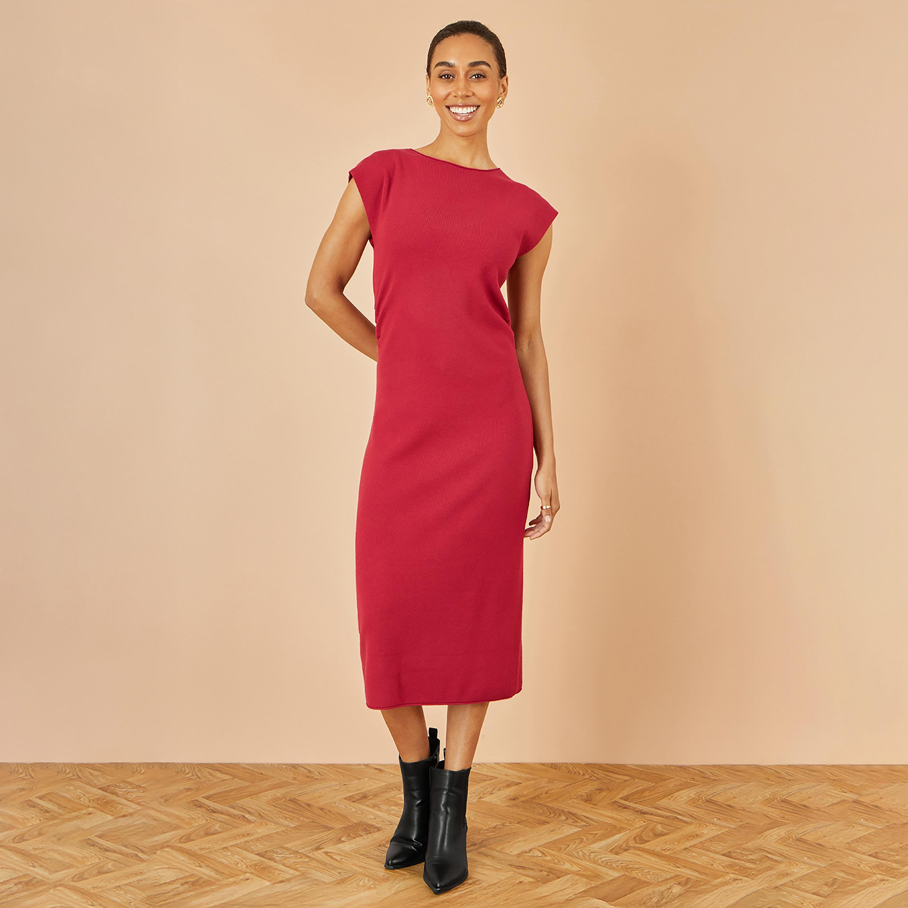 فستان ميدي نسائي قصة "شيث" وأكمام "كاب" من قماش محبوك "كنيت" من يومي-women-clothing-dresses-image-1