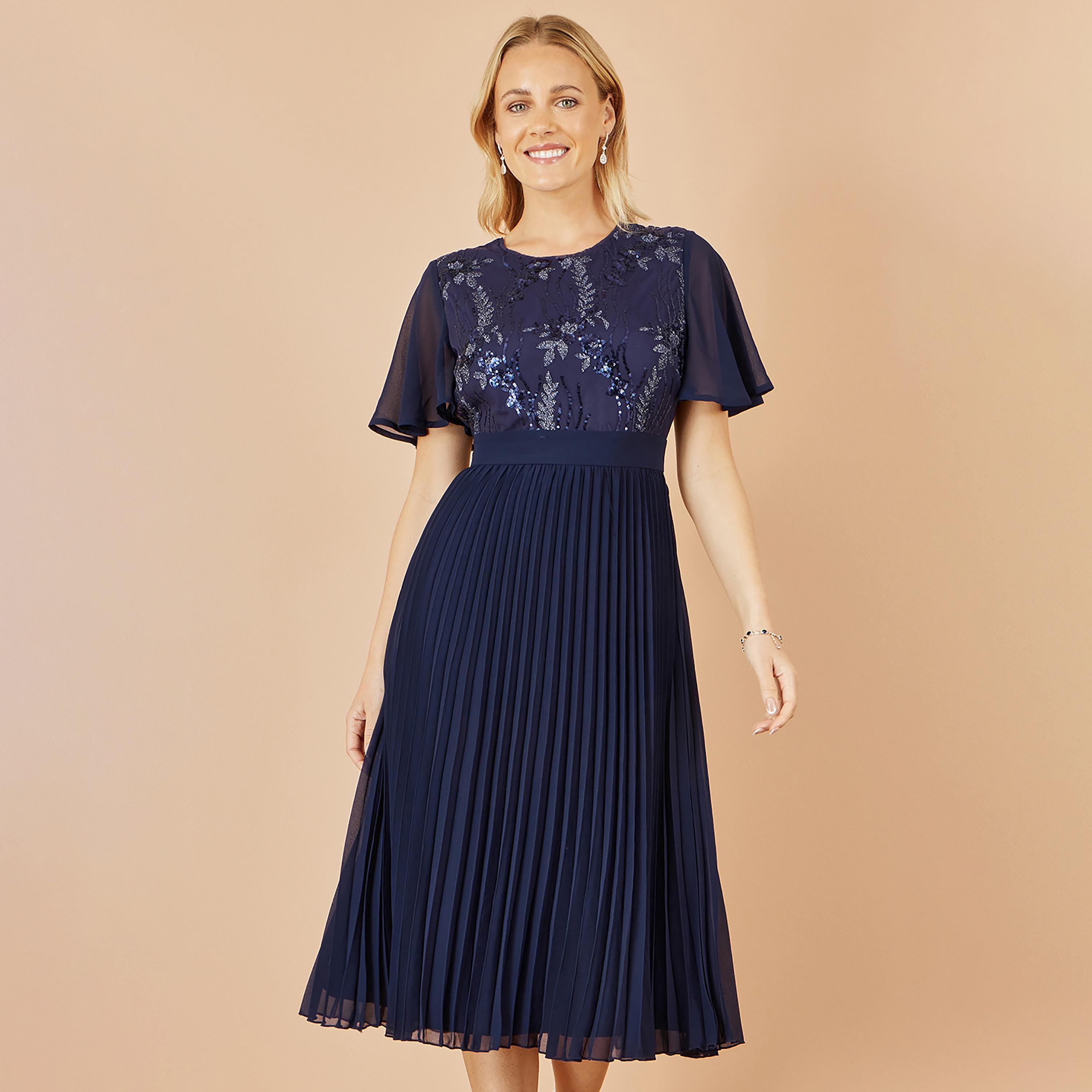 Yumi Navy Sequined Flutter Sleeves Pleated Evening Women's Midi Dress-women-clothing-dresses-image-1