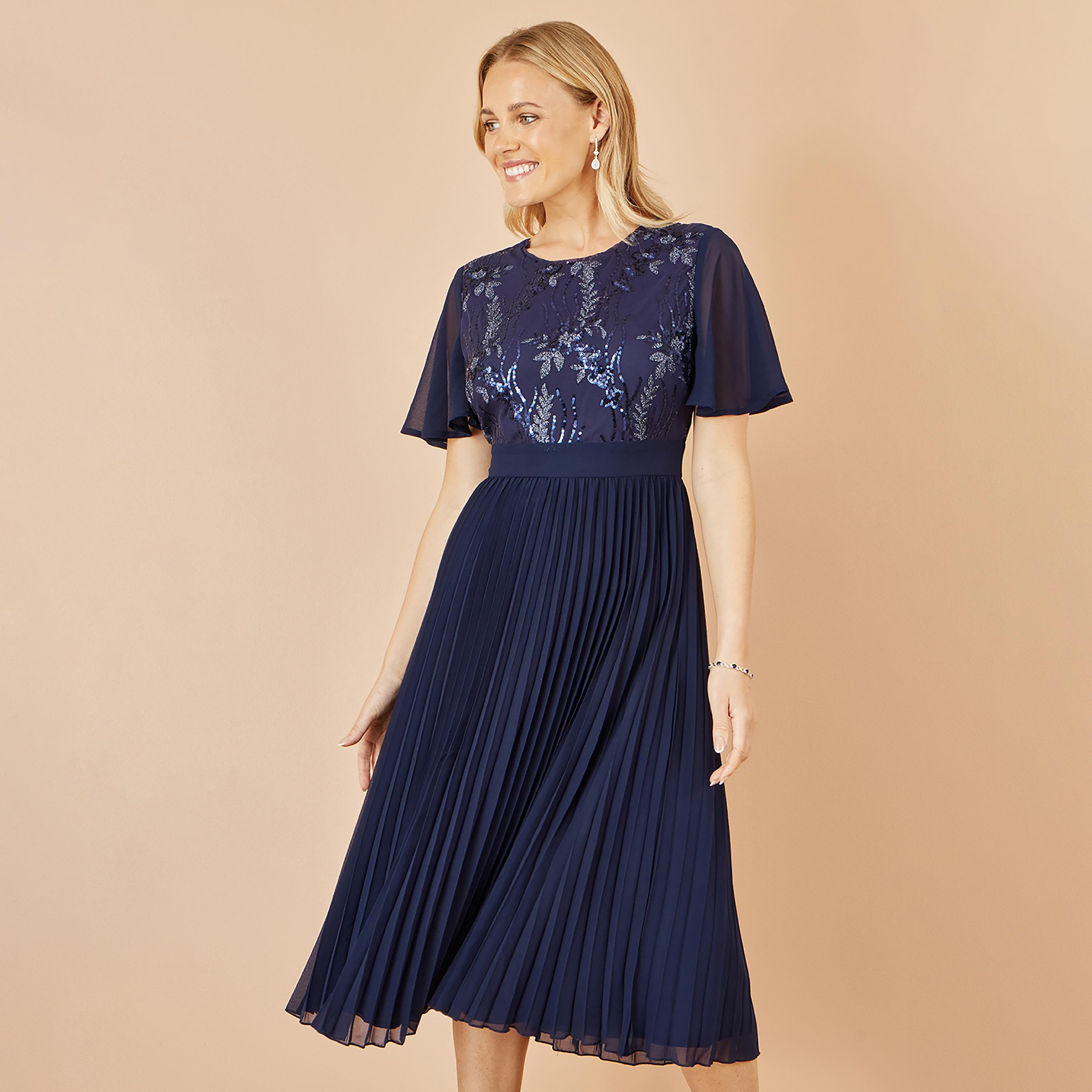 Yumi Navy Sequined Flutter Sleeves Pleated Evening Women's Midi Dress-women-clothing-dresses-image-2