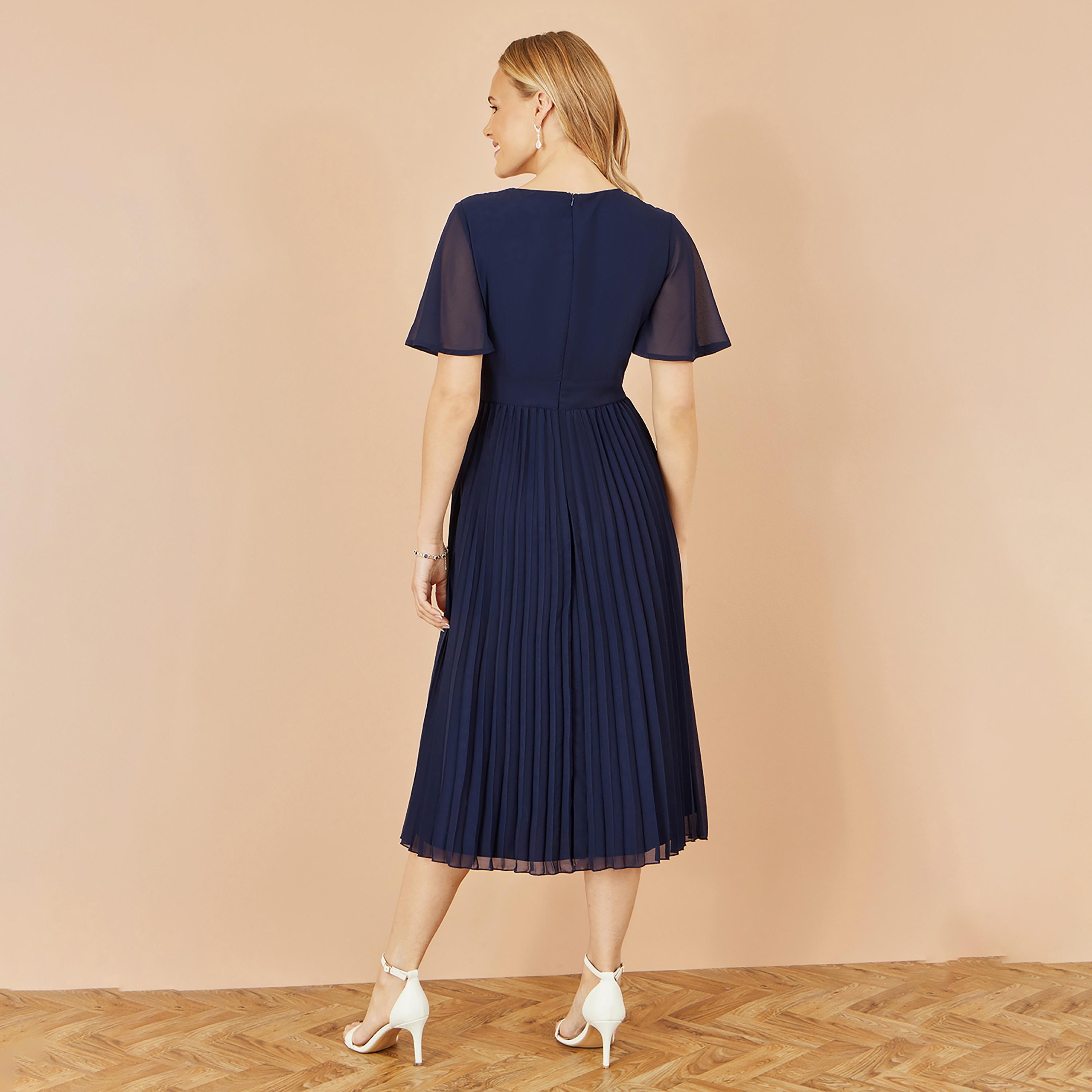 Yumi Navy Sequined Flutter Sleeves Pleated Evening Women's Midi Dress-women-clothing-dresses-image-3