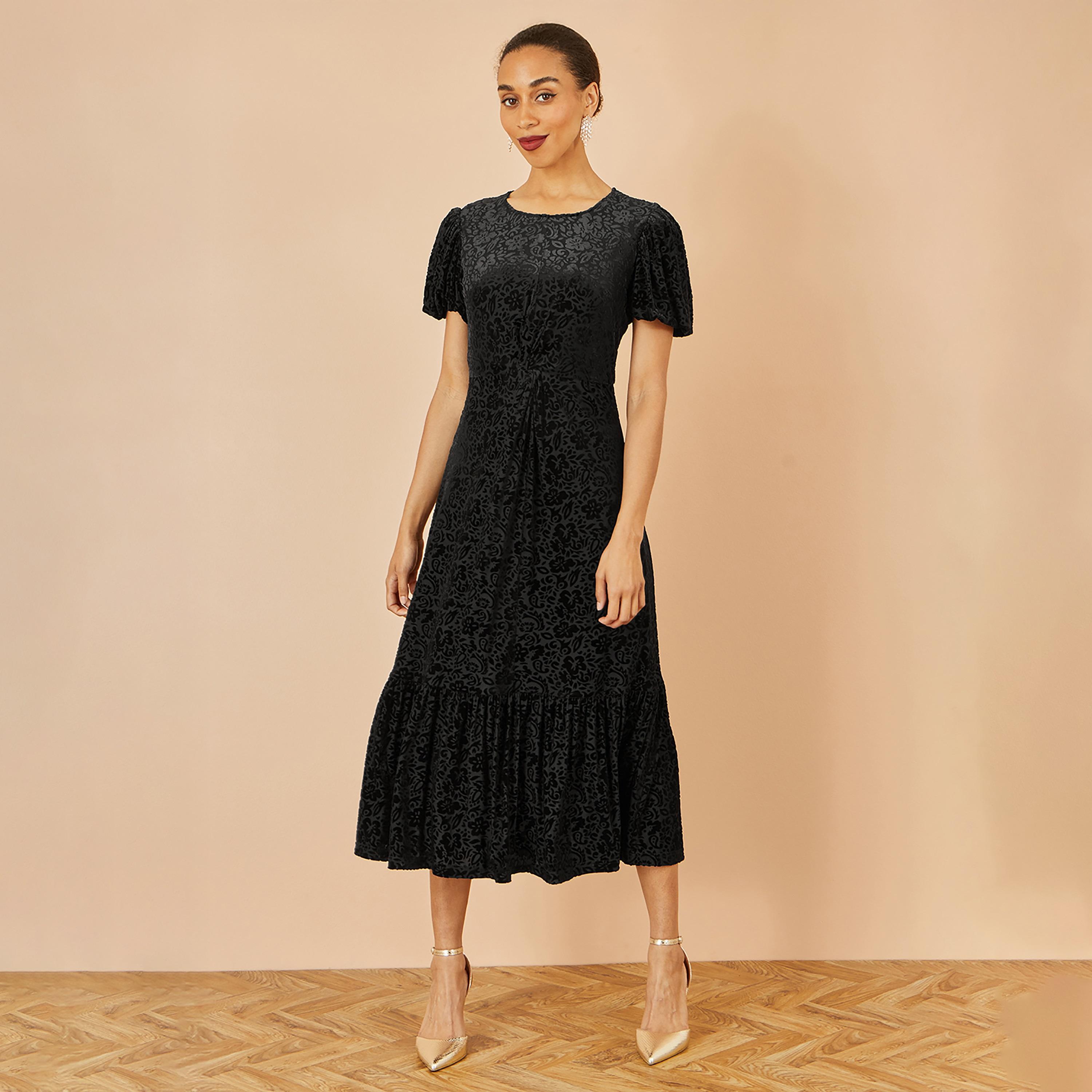 Yumi Black Burnout Floral Velvet Flutter Sleeves Tiered Women's Midi Dress-women-clothing-dresses-image-1