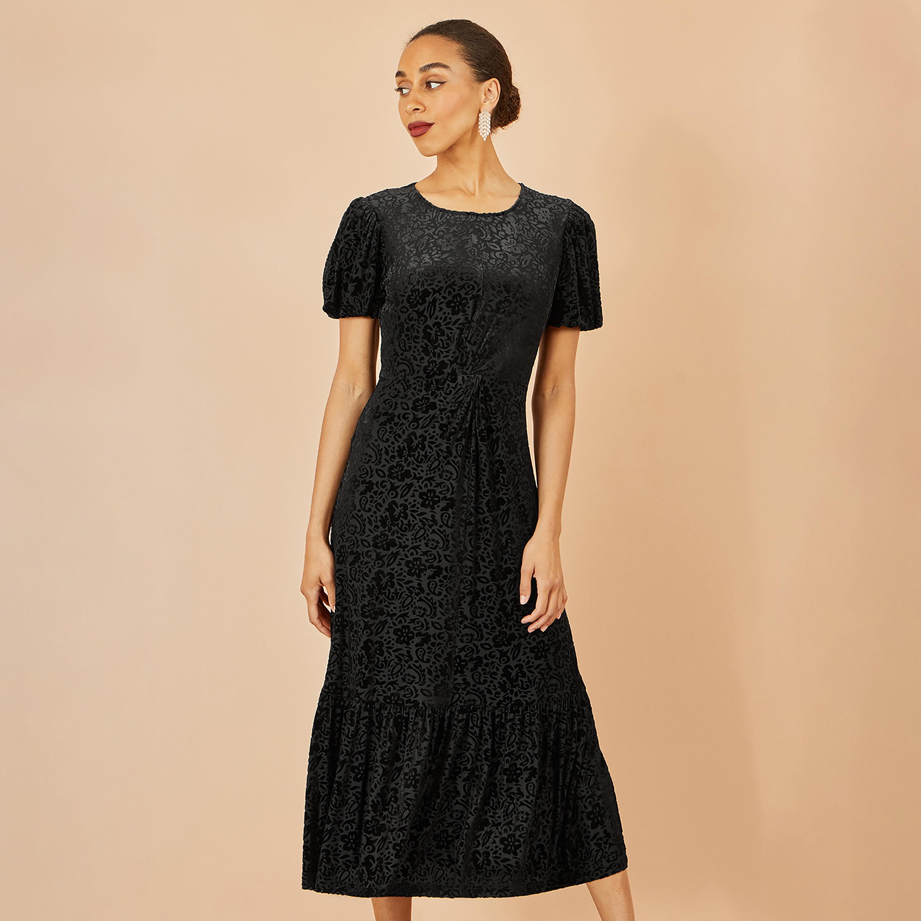 Yumi Black Burnout Floral Velvet Flutter Sleeves Tiered Women's Midi Dress-women-clothing-dresses-image-2