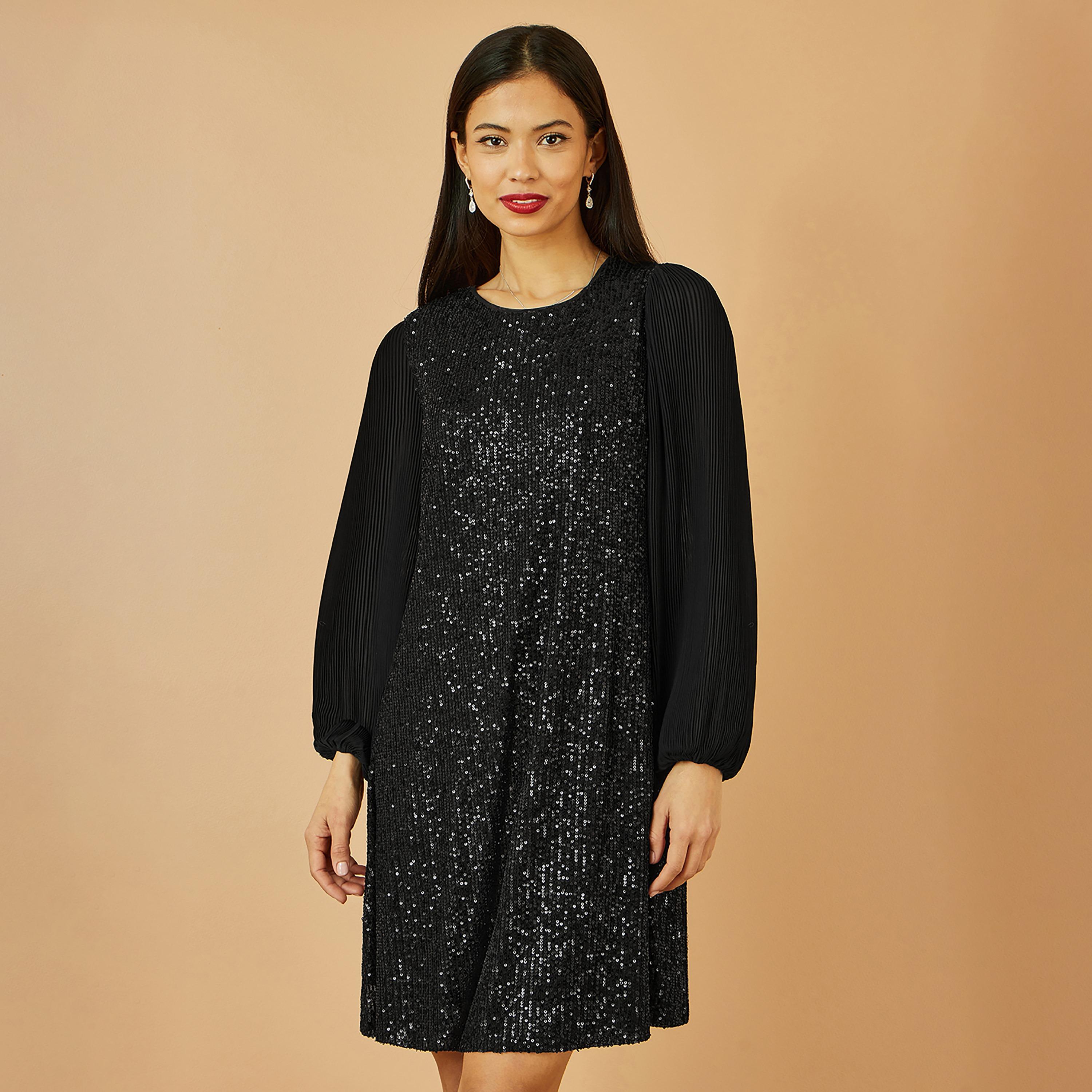 Yumi Black Sequined Pleated Sleeves Shift Women's Evening Mini Dress-women-clothing-dresses-image-2