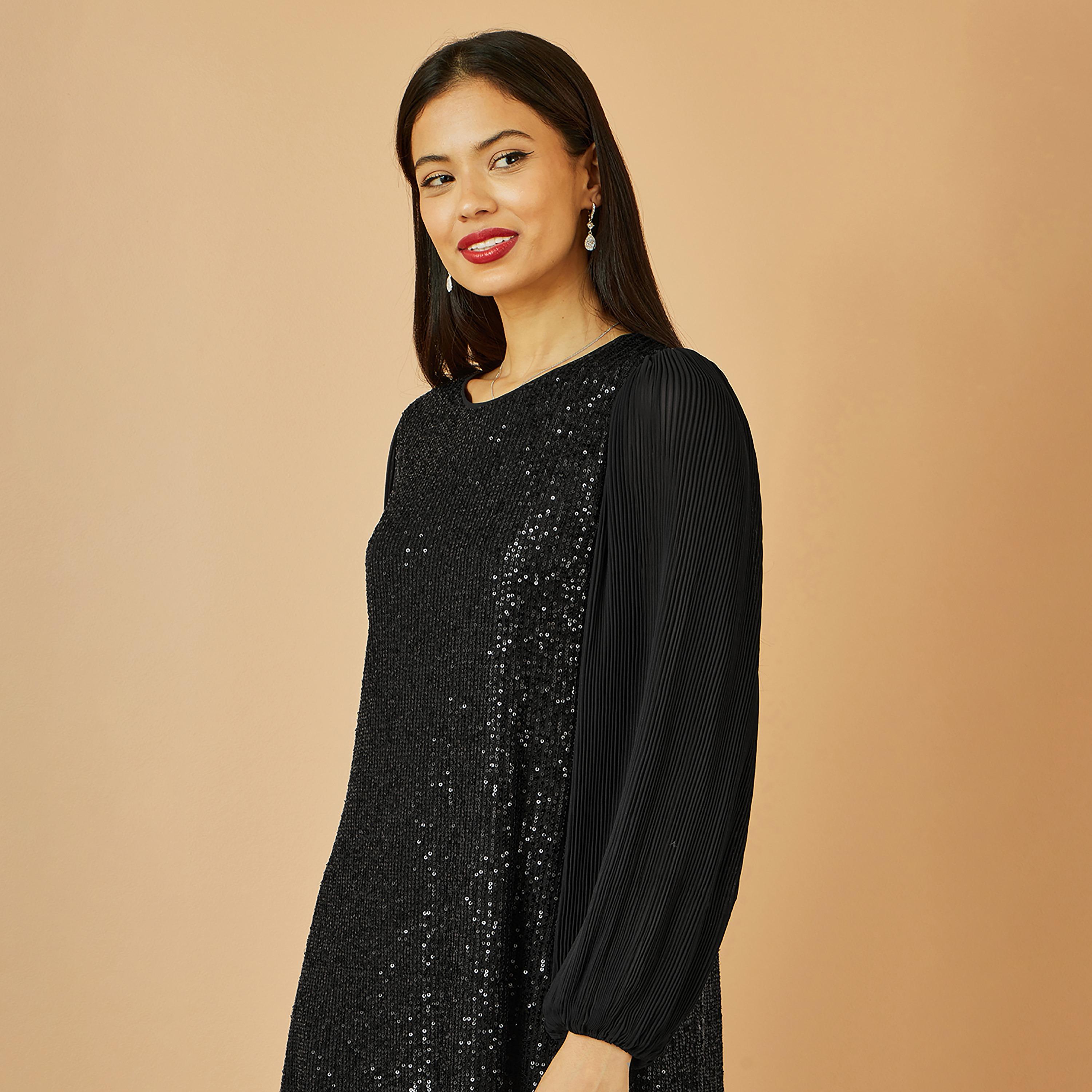 Yumi Black Sequined Pleated Sleeves Shift Women's Evening Mini Dress-women-clothing-dresses-image-3