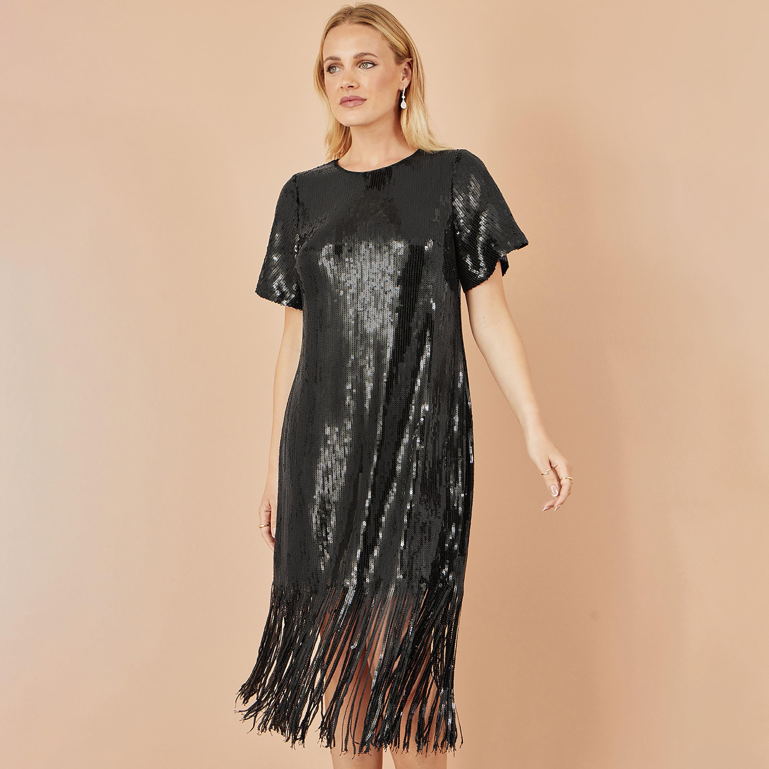 Yumi Black Sequined Flutter Sleeves Shift Evening Women's Midi Dress-women-clothing-dresses-image-2