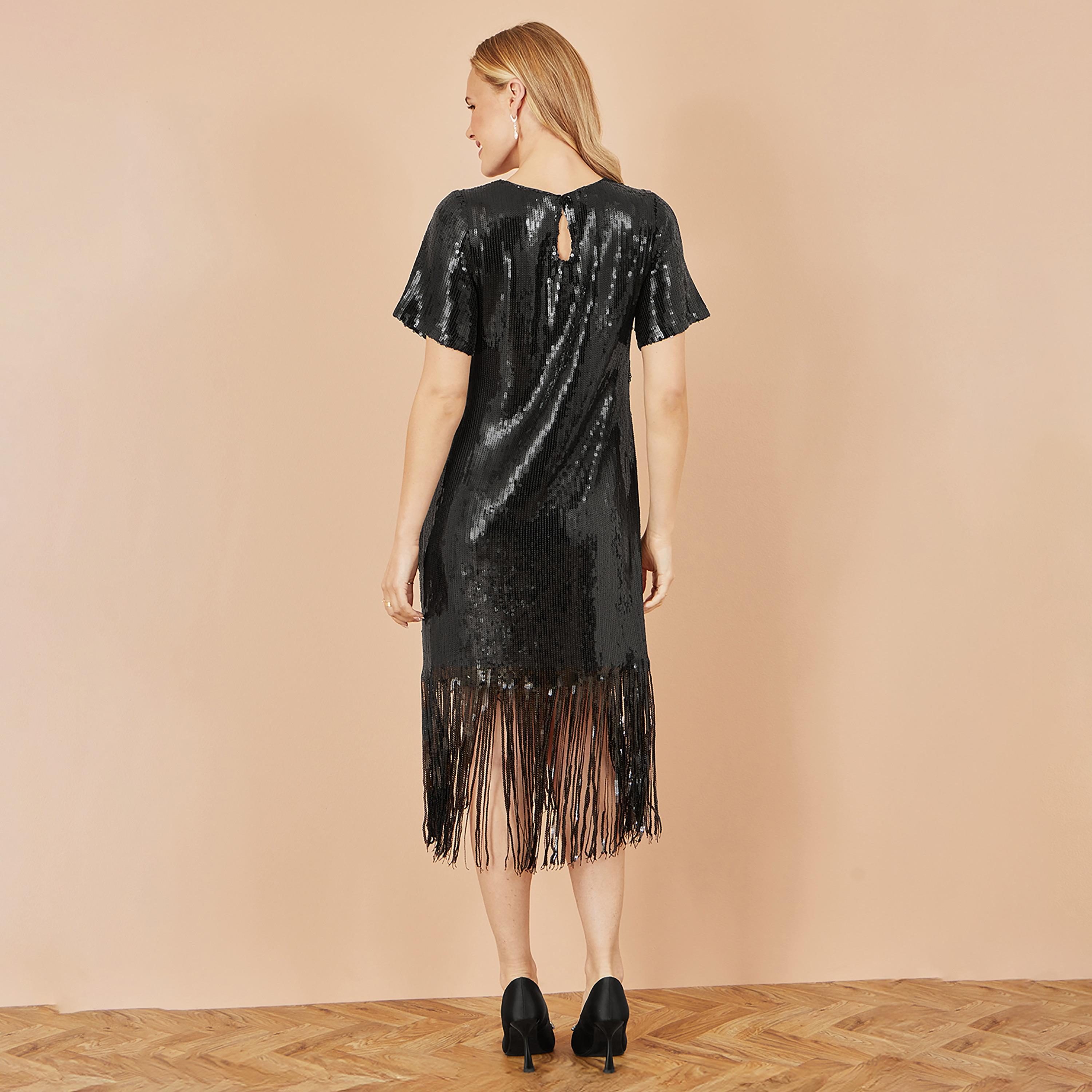 Yumi Black Sequined Flutter Sleeves Shift Evening Women's Midi Dress-women-clothing-dresses-image-3