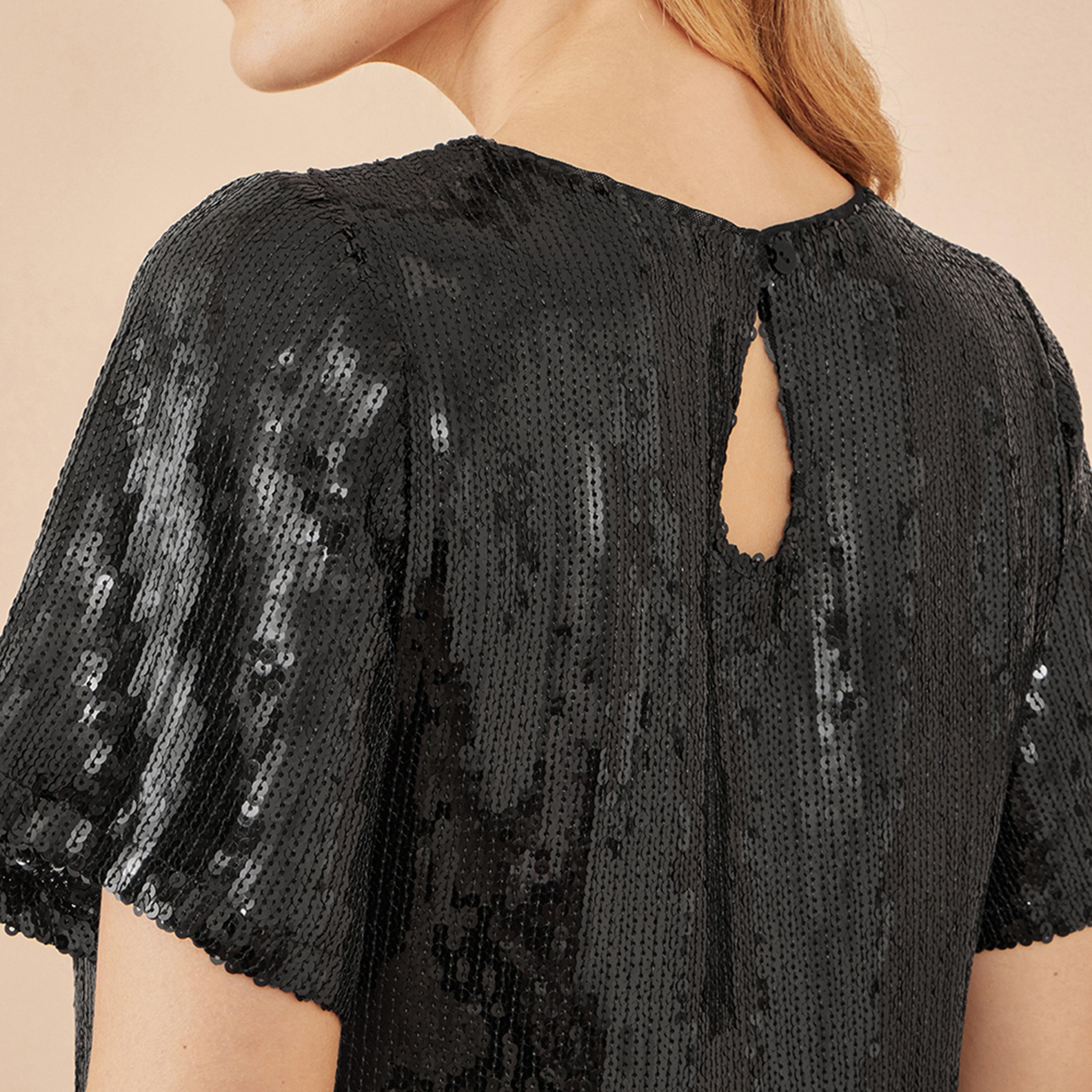 Yumi Black Sequined Flutter Sleeves Shift Evening Women's Midi Dress-women-clothing-dresses-image-4
