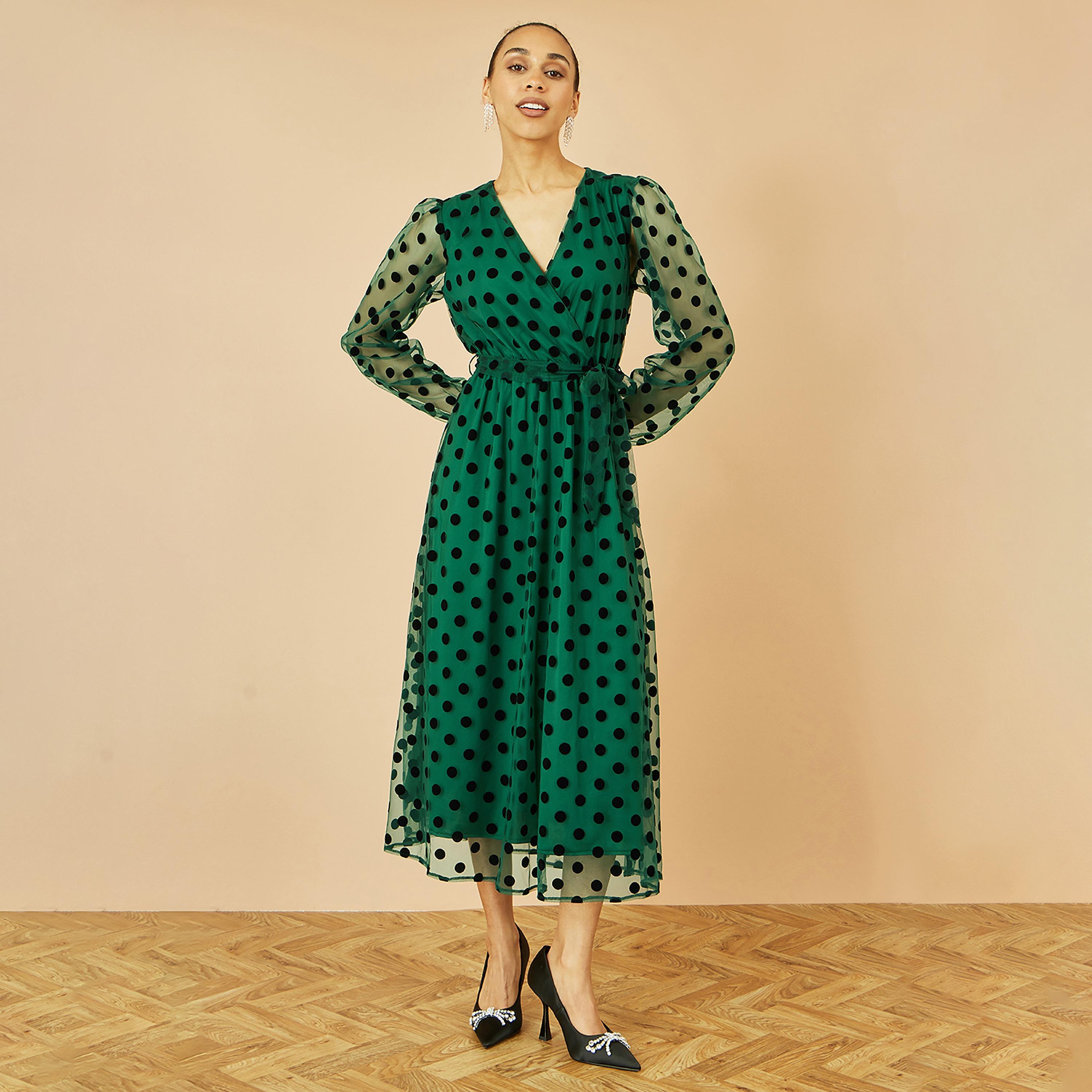 Yumi Green Polka Dot Mesh Surplice Neck Balloon Sleeves Women's Midi Dress-women-clothing-dresses-image-1