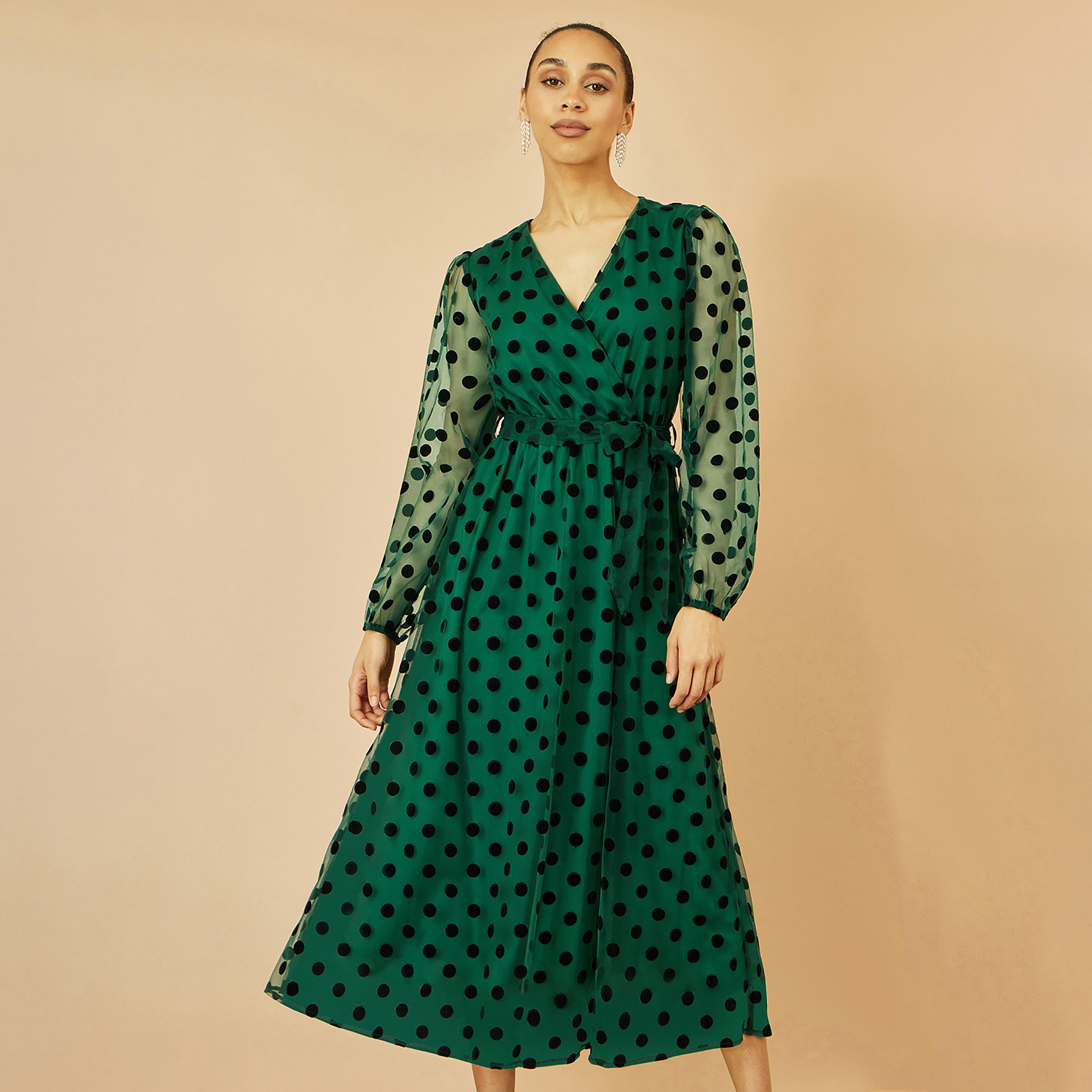 Yumi Green Polka Dot Mesh Surplice Neck Balloon Sleeves Women's Midi Dress-women-clothing-dresses-image-2