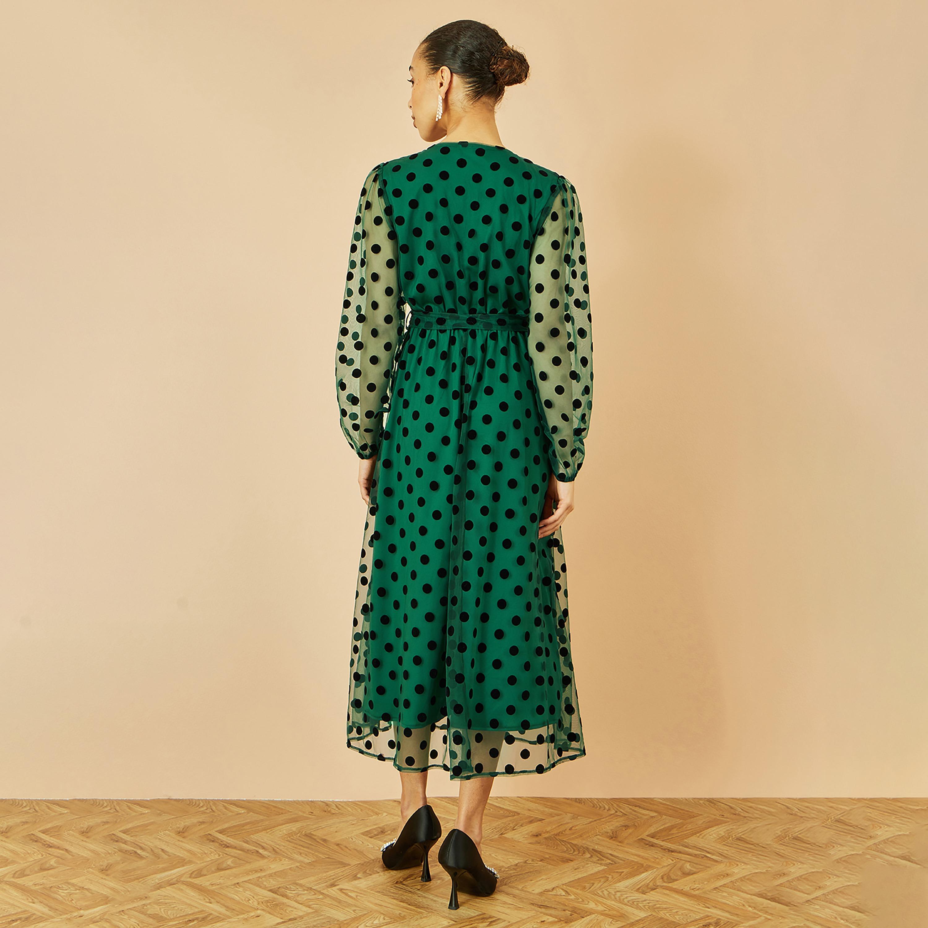 Yumi Green Polka Dot Mesh Surplice Neck Balloon Sleeves Women's Midi Dress-women-clothing-dresses-image-3