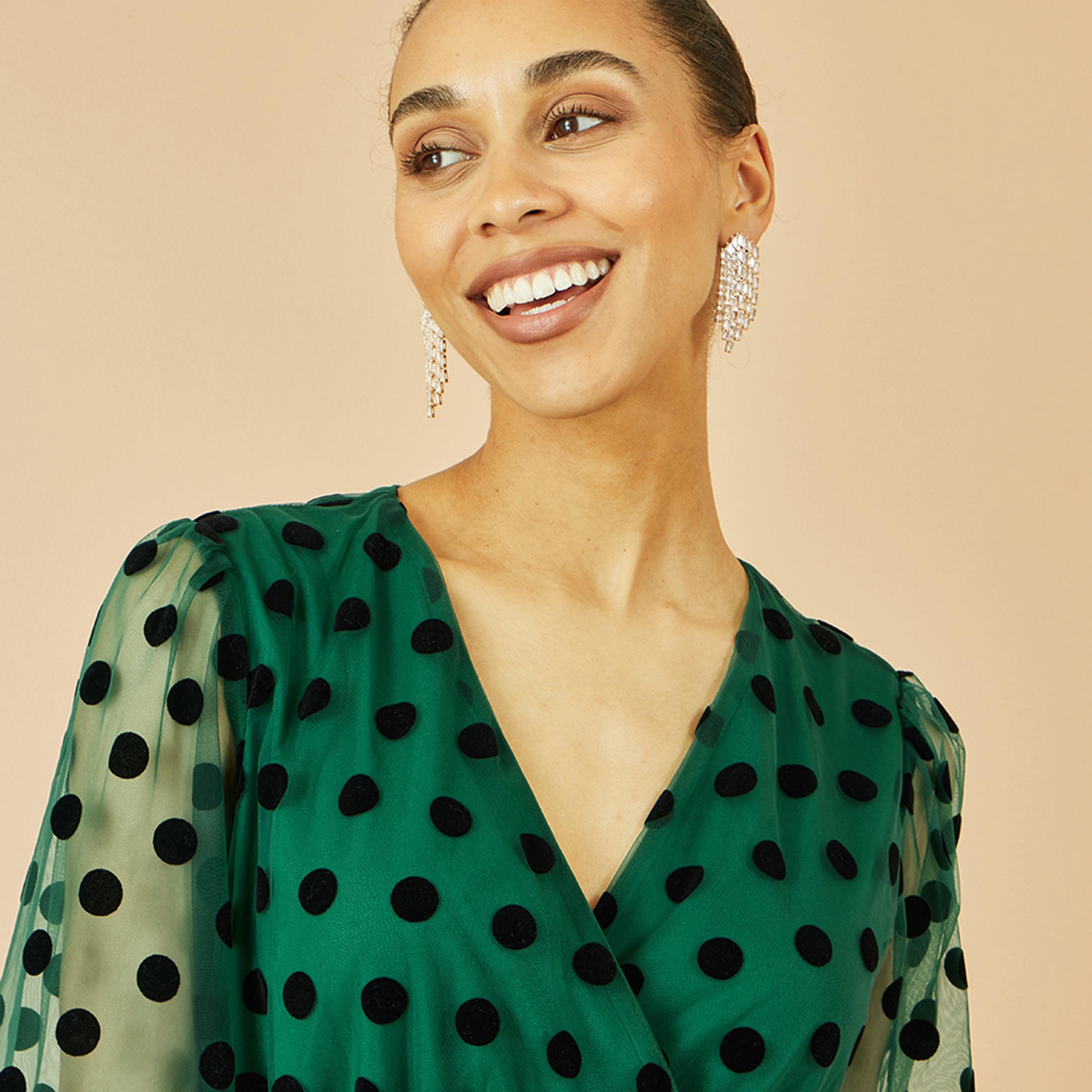 Yumi Green Polka Dot Mesh Surplice Neck Balloon Sleeves Women's Midi Dress-women-clothing-dresses-image-4