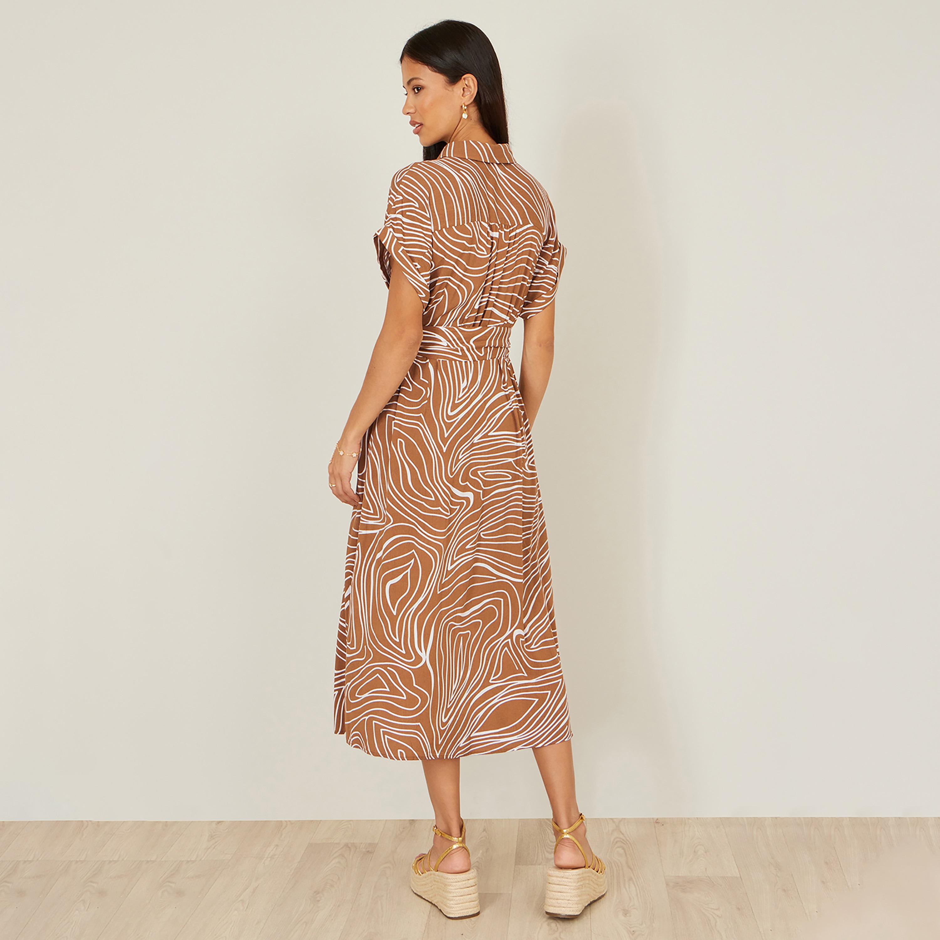 Yumi Brown Abstract Print Spread Collar Women's Midi Shirt Dress-women-clothing-dresses-image-3
