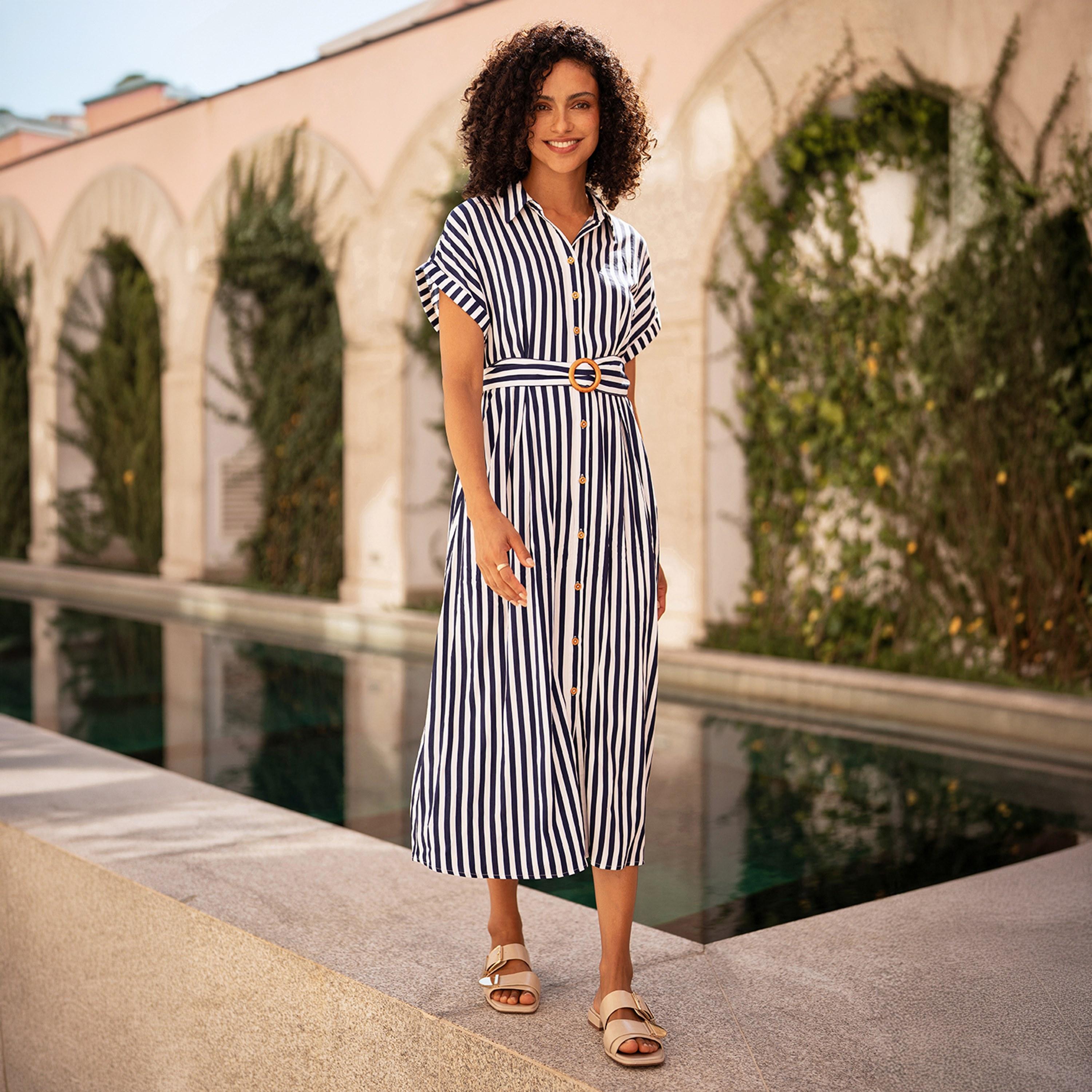 Yumi Striped Spread Collar Women's Midi Shirt Dress-women-clothing-dresses-image-1