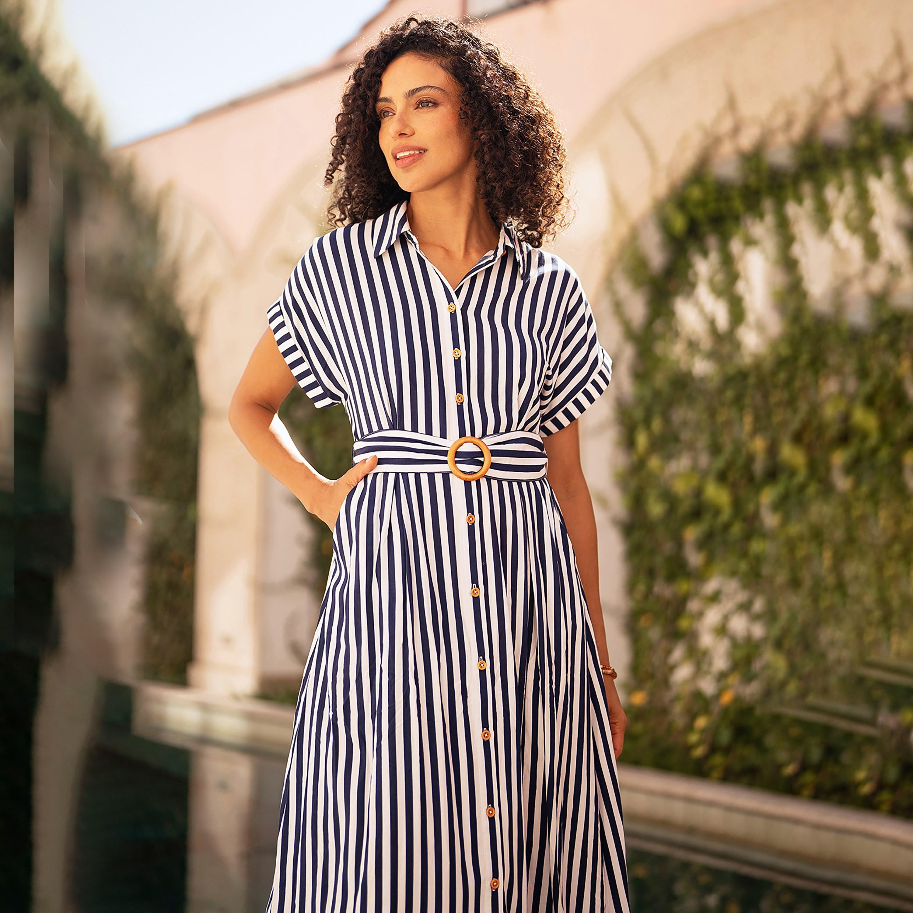 Yumi Striped Spread Collar Women's Midi Shirt Dress-women-clothing-dresses-image-2