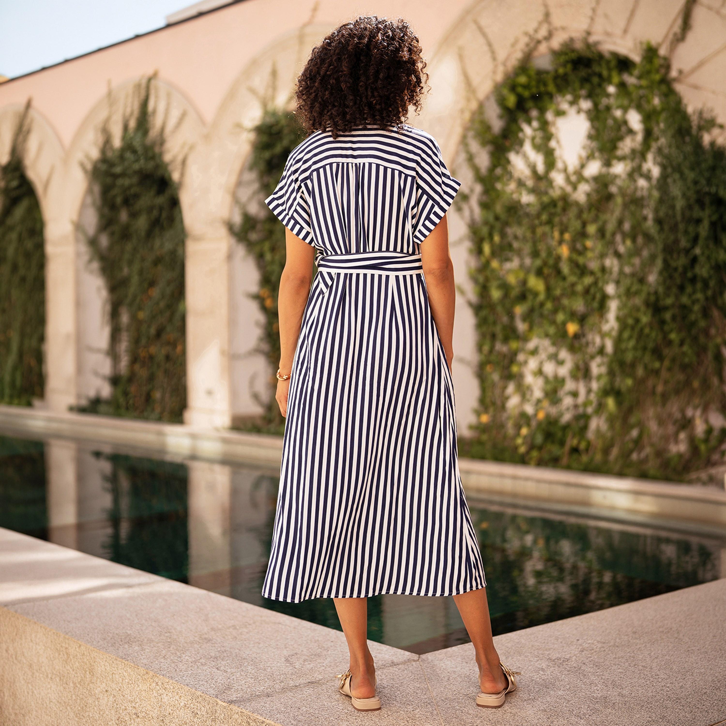 Yumi Striped Spread Collar Women's Midi Shirt Dress-women-clothing-dresses-image-3