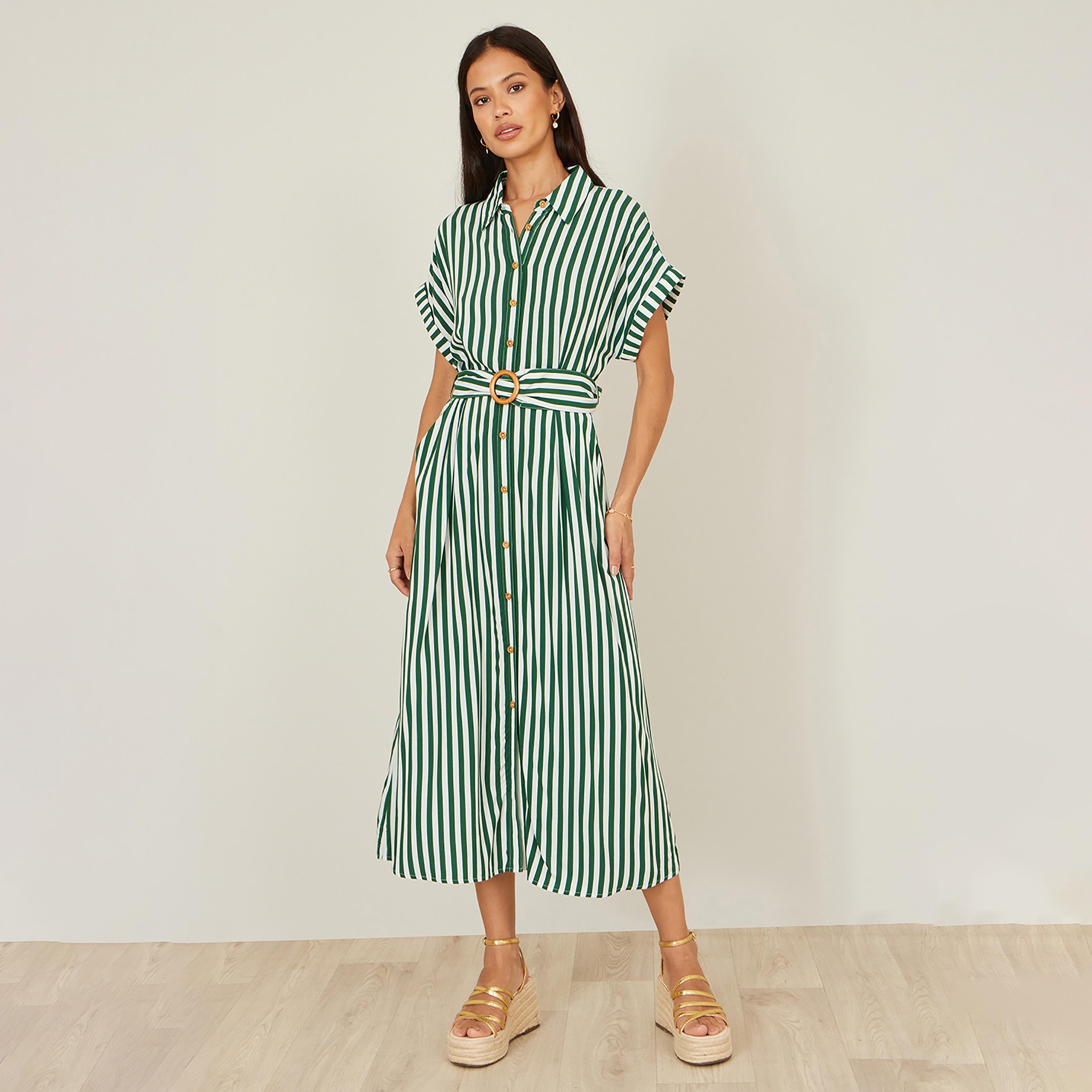 Yumi Striped Spread Collar Women's Midi Shirt Dress-women-clothing-dresses-image-1