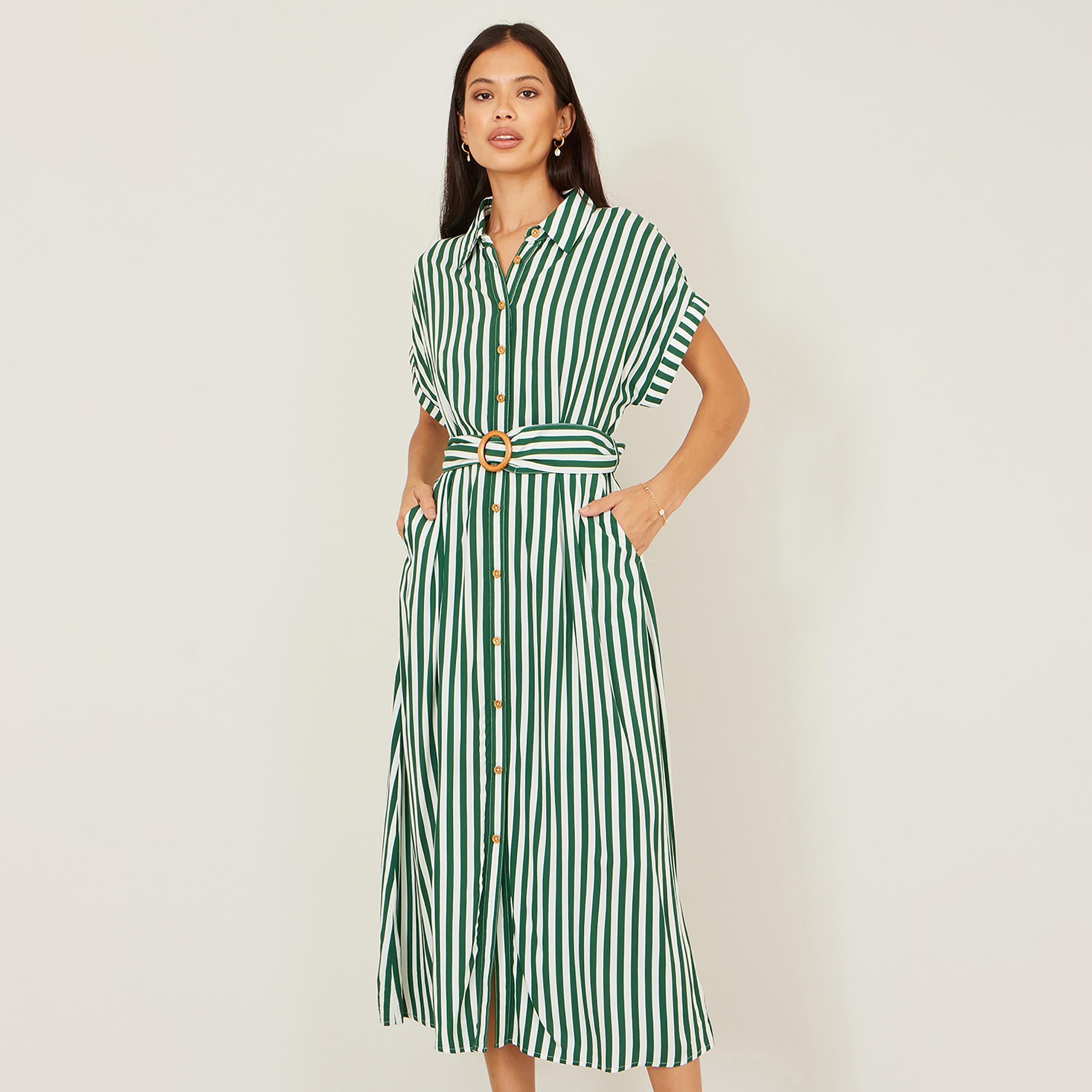 Yumi Striped Spread Collar Women's Midi Shirt Dress-women-clothing-dresses-image-6