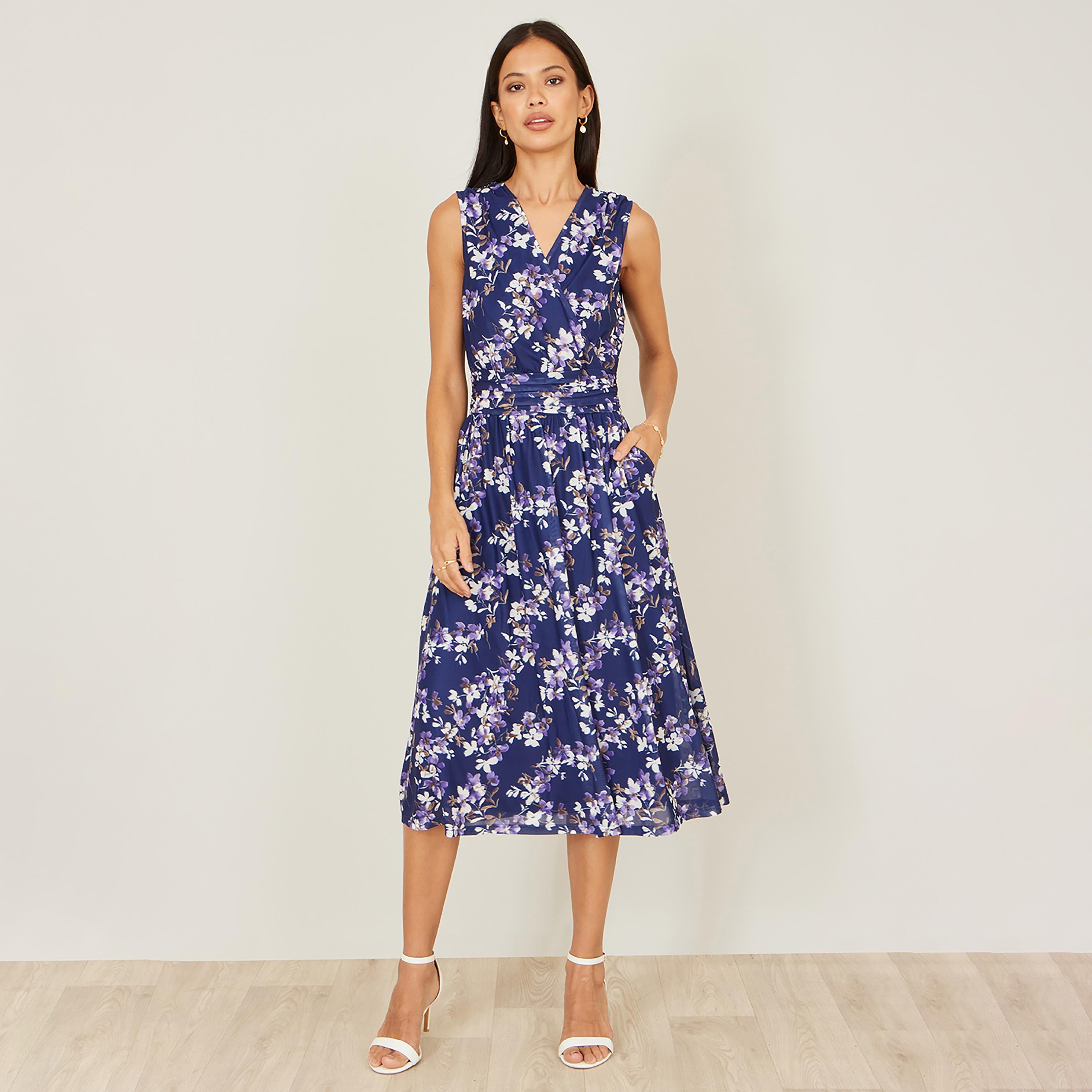 Yumi Navy Floral Blossom Print Surplice Neck Women's Knee-Length Dress-women-clothing-dresses-image-1