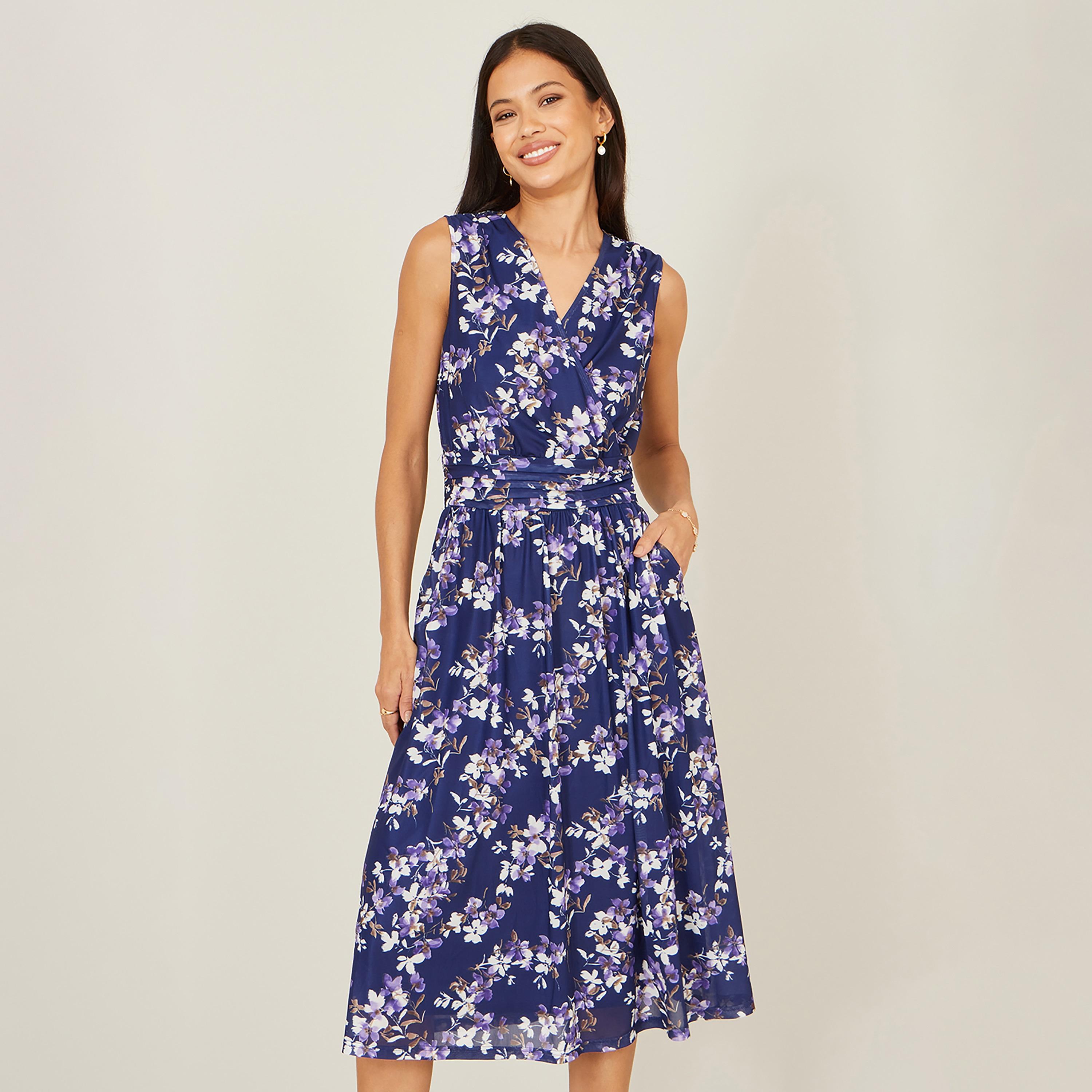 Yumi Navy Floral Blossom Print Surplice Neck Women's Knee-Length Dress-women-clothing-dresses-image-2