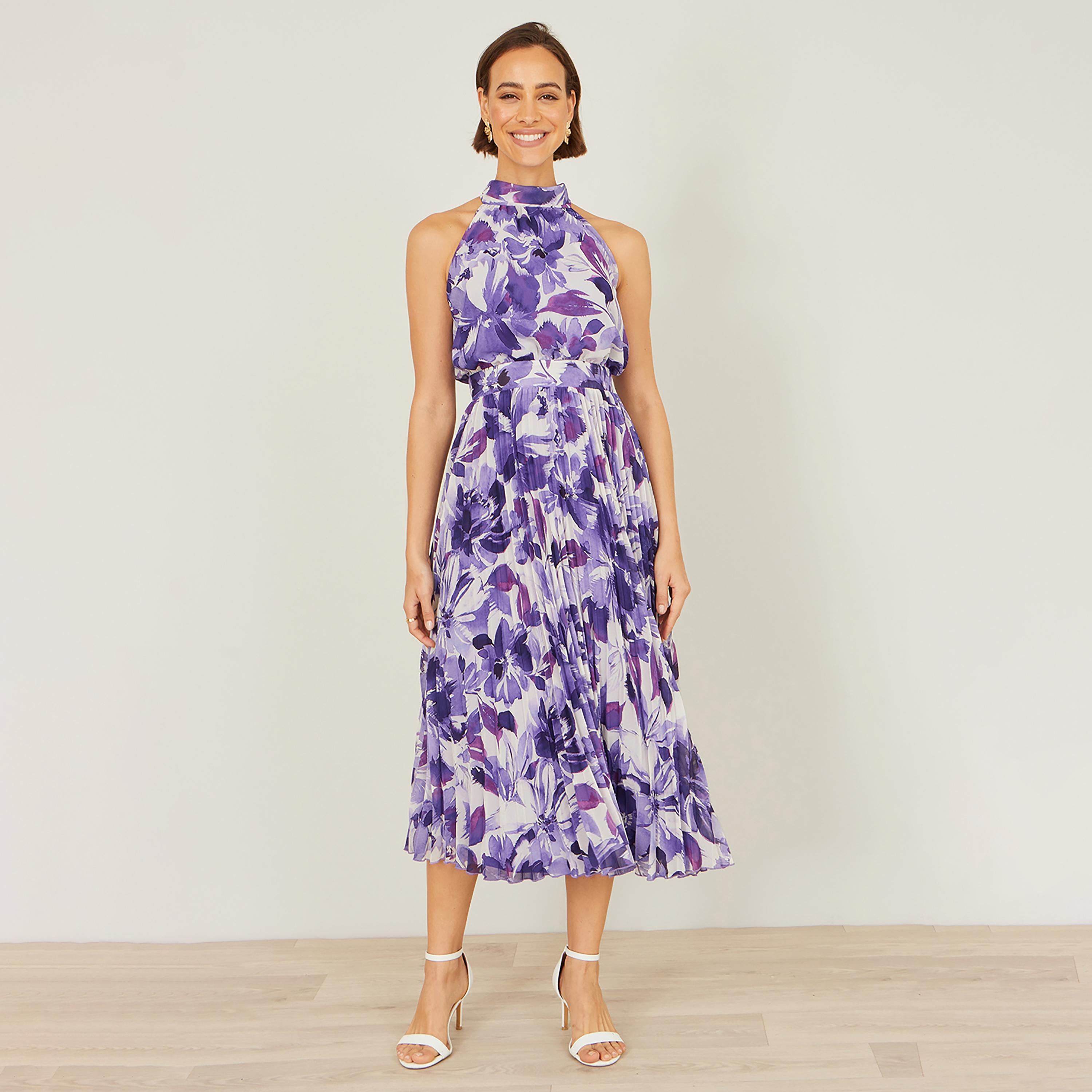 Yumi Purple Floral Print Halter Neck Pleated Women's Midi Dress-women-clothing-dresses-image-1