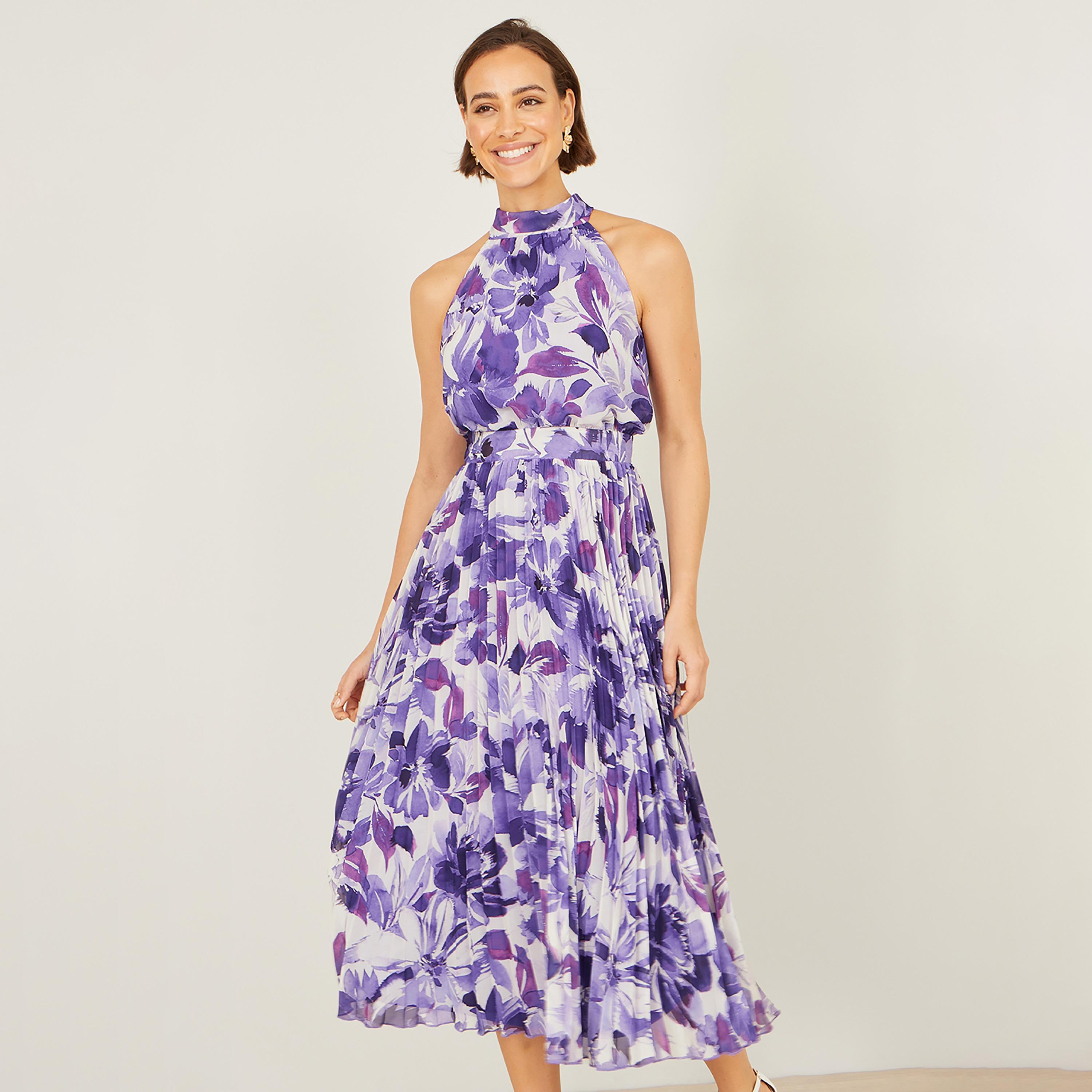 Yumi Purple Floral Print Halter Neck Pleated Women's Midi Dress-women-clothing-dresses-image-2