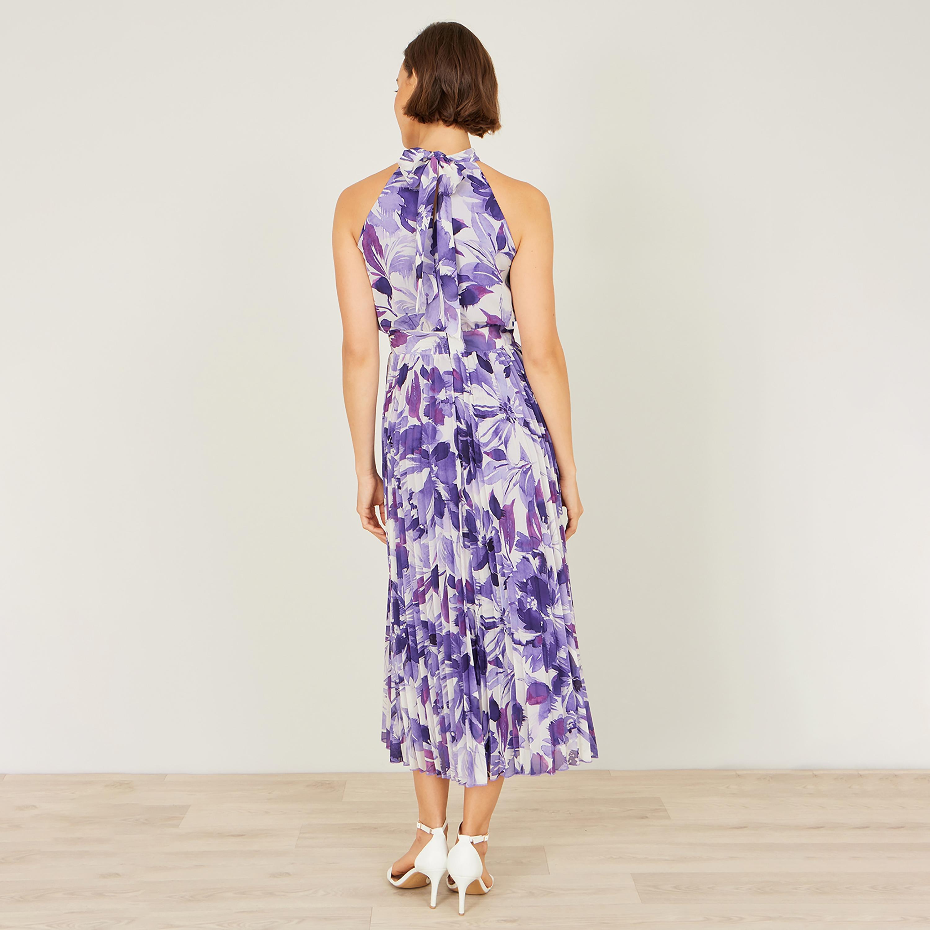 Yumi Purple Floral Print Halter Neck Pleated Women's Midi Dress-women-clothing-dresses-image-3
