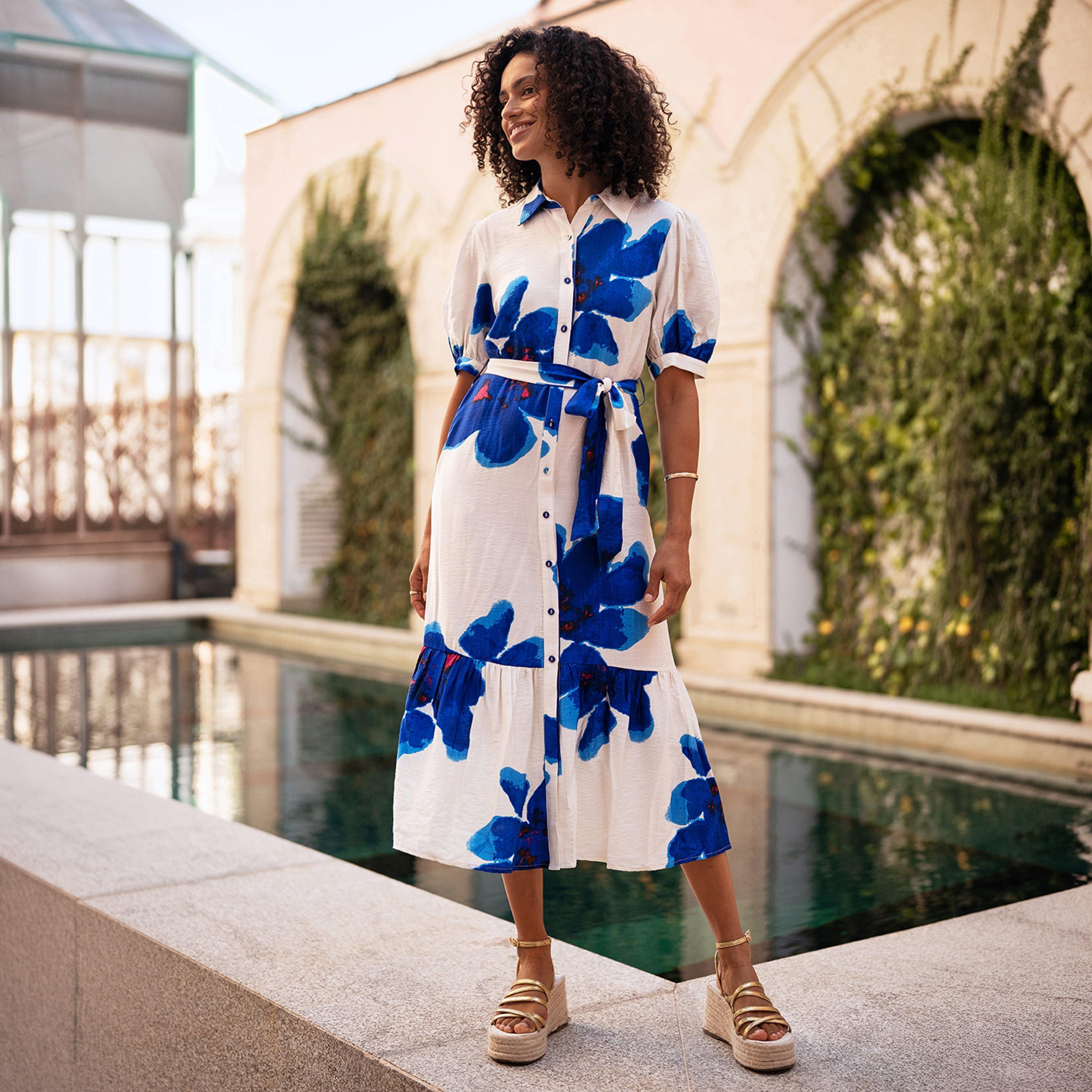 فستان قميص ميدي بياقة "سبريد" وأكمام "باف" وطبعة زهور من يومي-women-clothing-dresses-image-2
