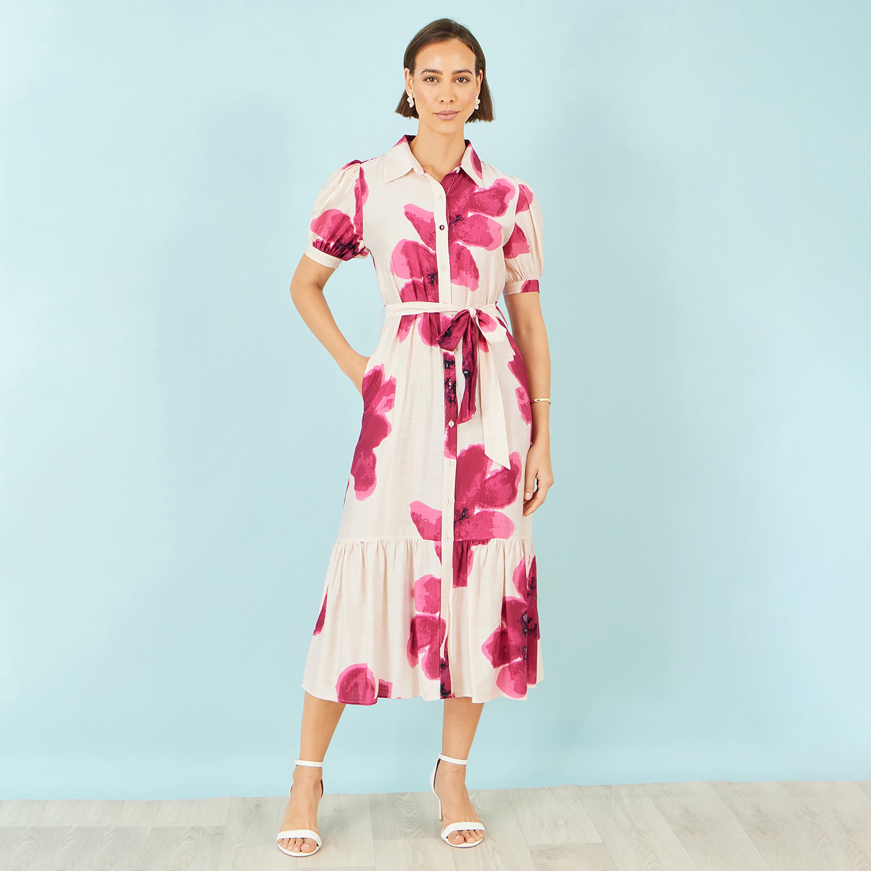 Yumi Floral Print Spread Collar Puff Sleeves Women's Midi Shirt Dress-women-clothing-dresses-image-1