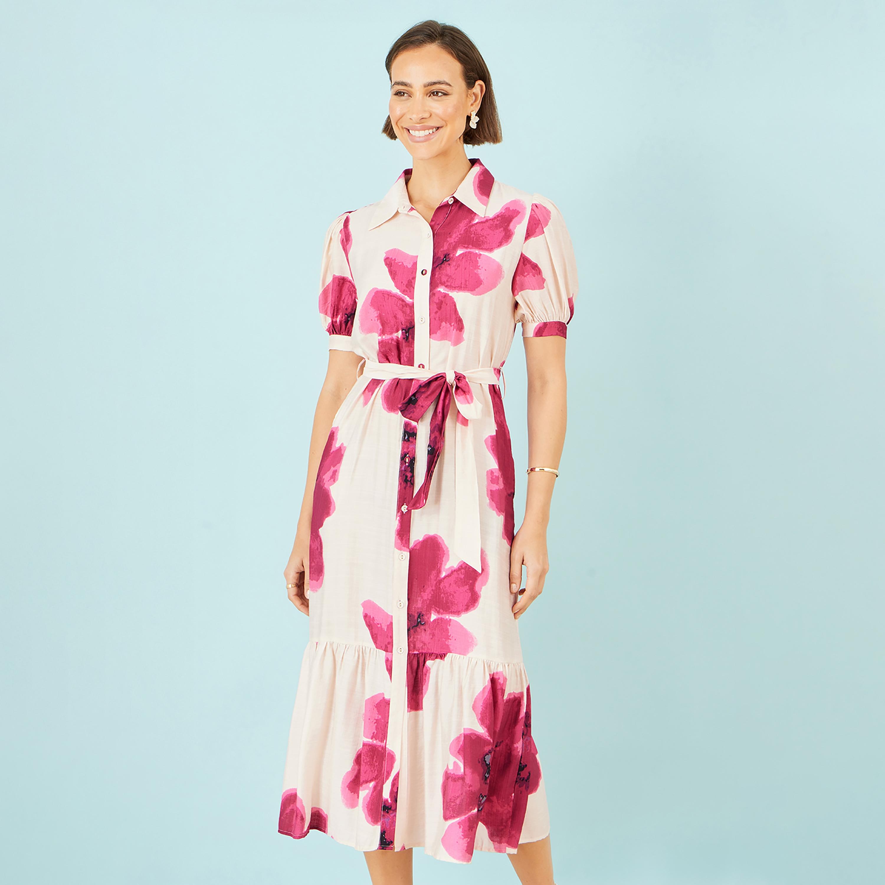 Yumi Floral Print Spread Collar Puff Sleeves Women's Midi Shirt Dress-women-clothing-dresses-image-2