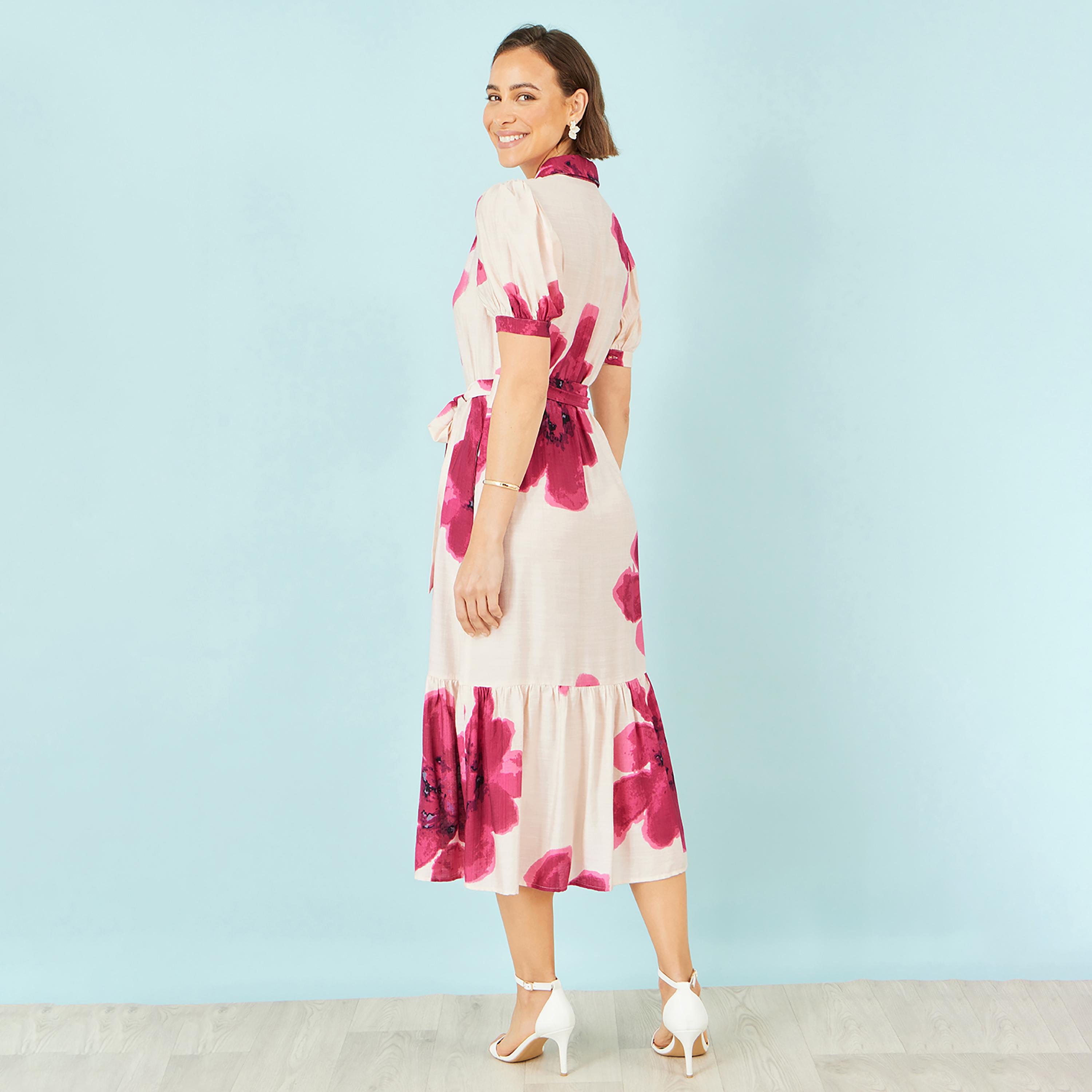 فستان قميص ميدي بياقة "سبريد" وأكمام "باف" وطبعة زهور من يومي-women-clothing-dresses-image-7