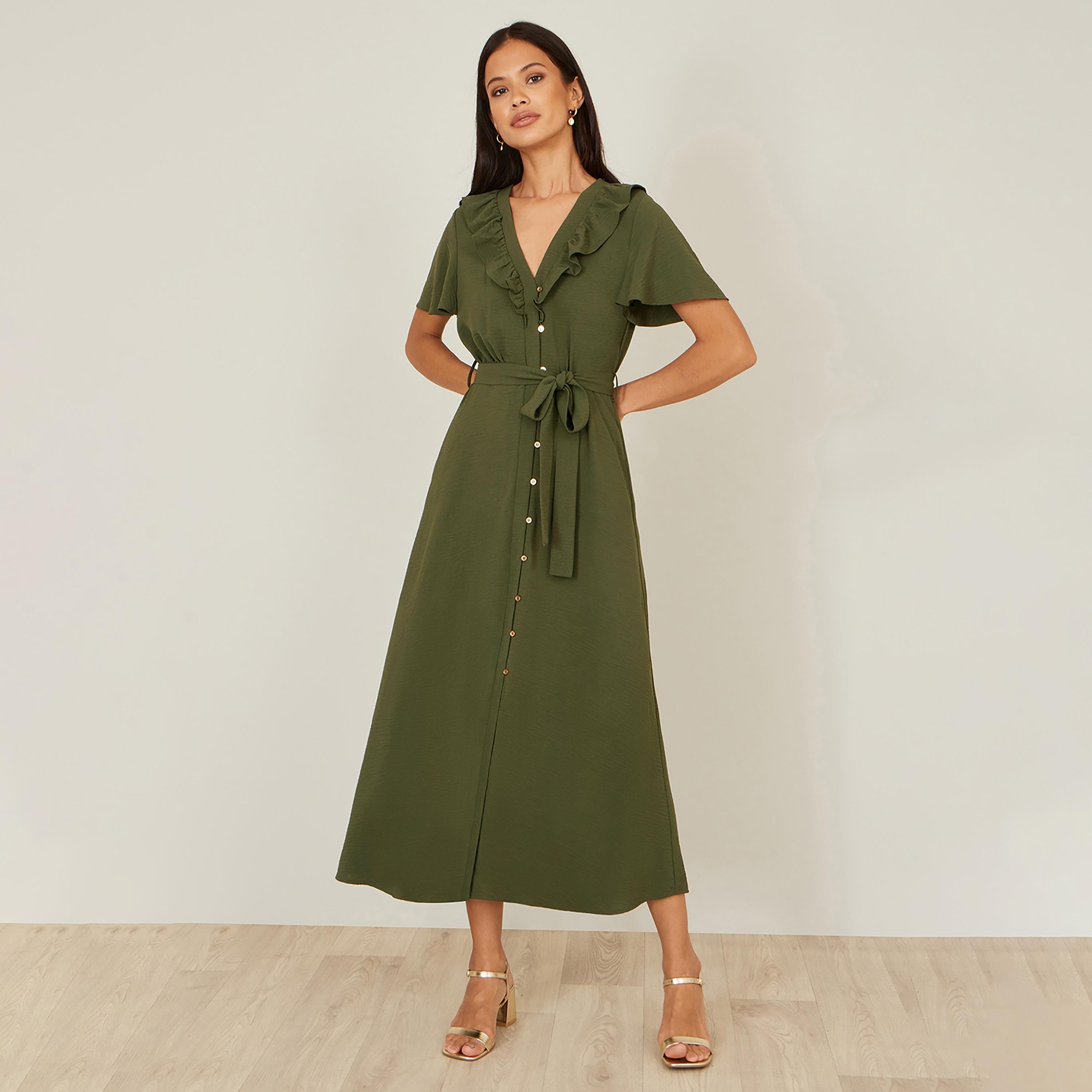 Yumi Green Textured Flutter Sleeves Belted Women's Midi Dress-women-clothing-dresses-image-1