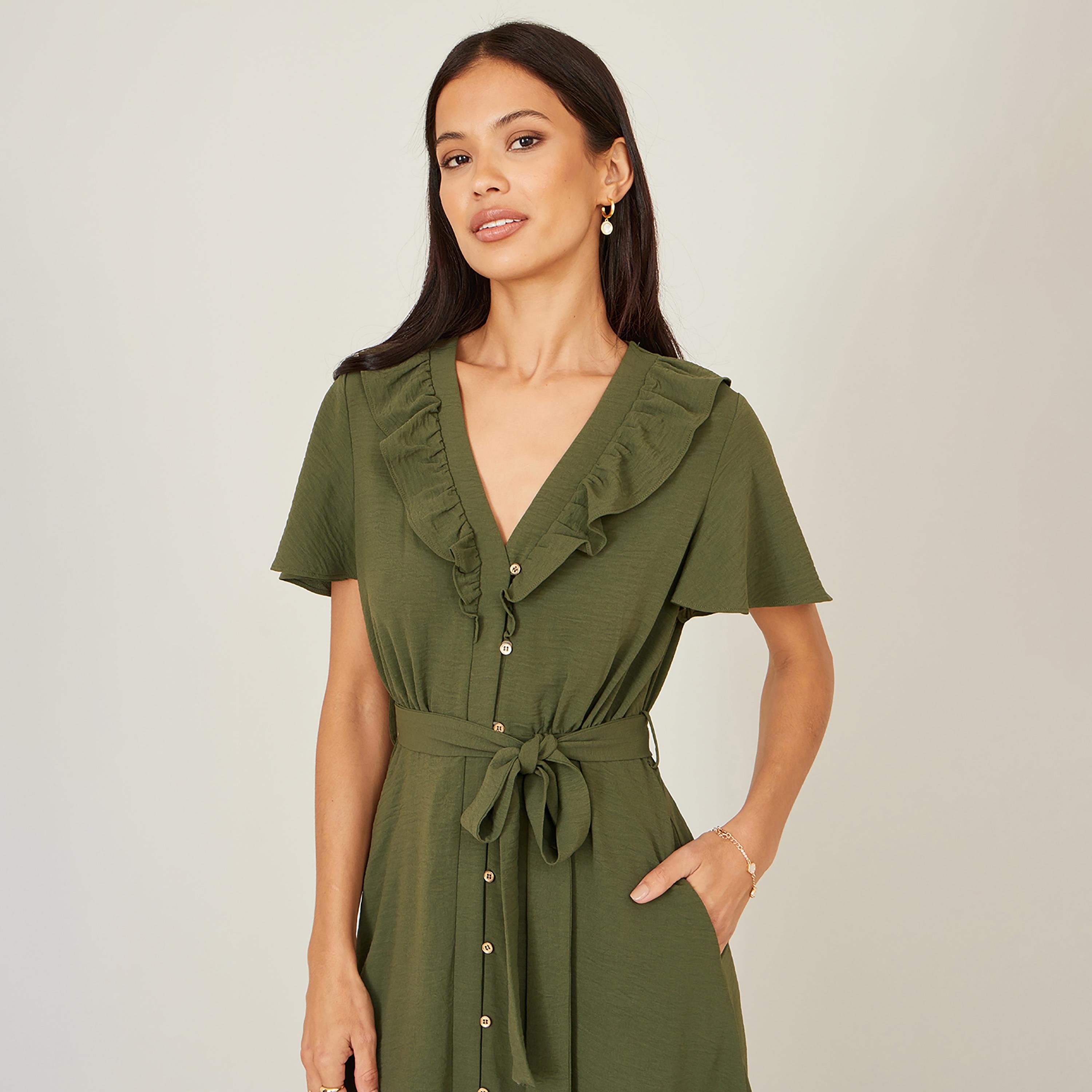 Yumi Green Textured Flutter Sleeves Belted Women's Midi Dress-women-clothing-dresses-image-4