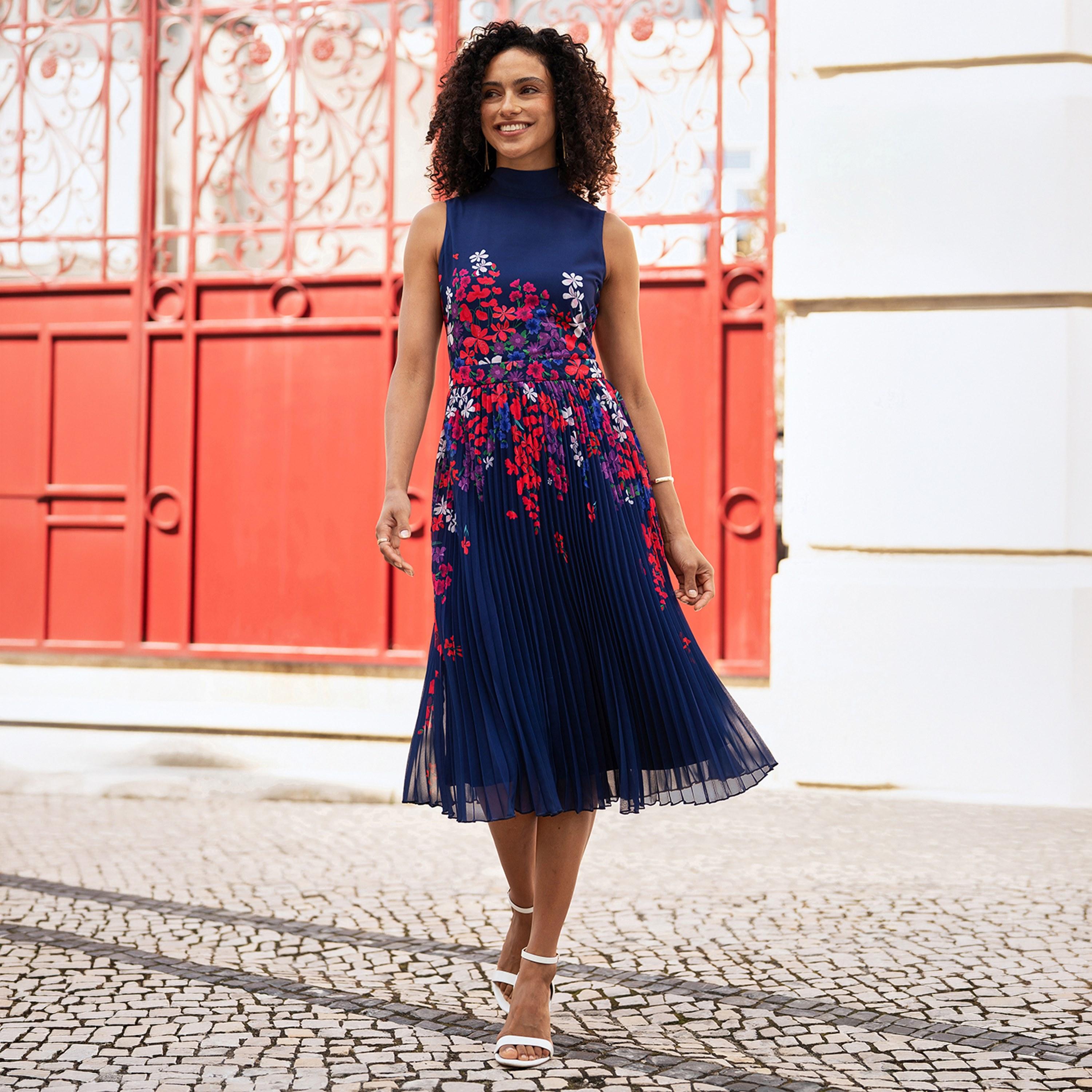 Yumi Navy Floral Print High Neck Pleated Women's Midi Dress-women-clothing-dresses-image-1