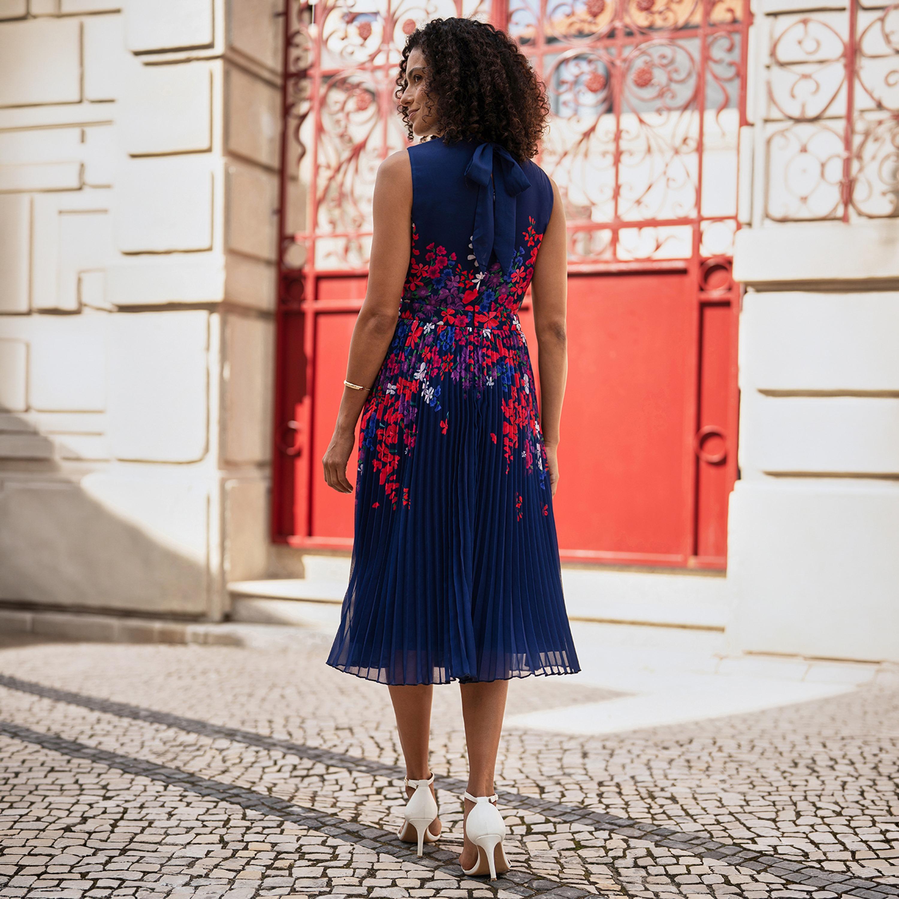 Yumi Navy Floral Print High Neck Pleated Women's Midi Dress-women-clothing-dresses-image-3
