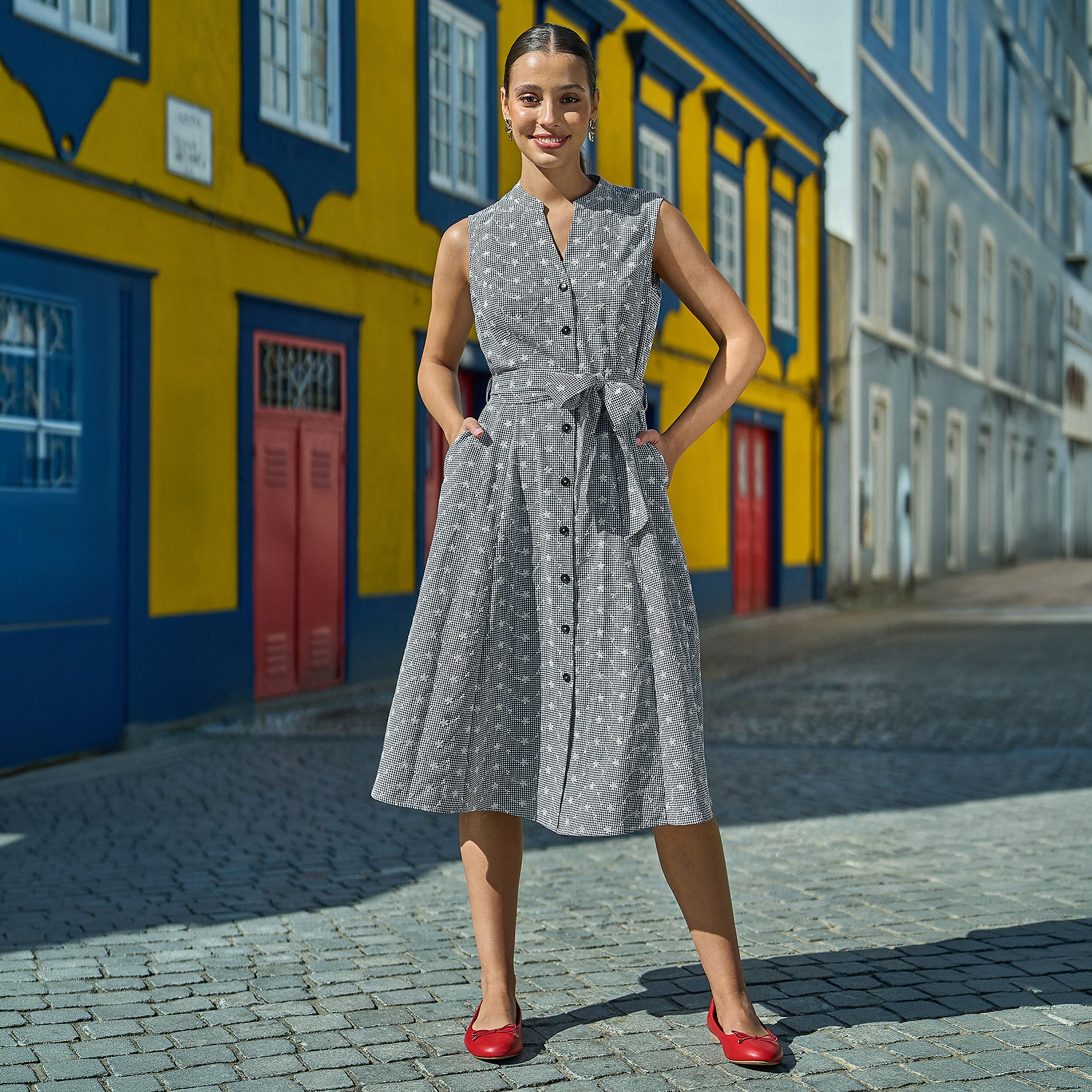 Yumi Black Checked & Floral Embroidered Cotton Mandarin Collar Belted Women's Midi Dress-women-clothing-dresses-image-1